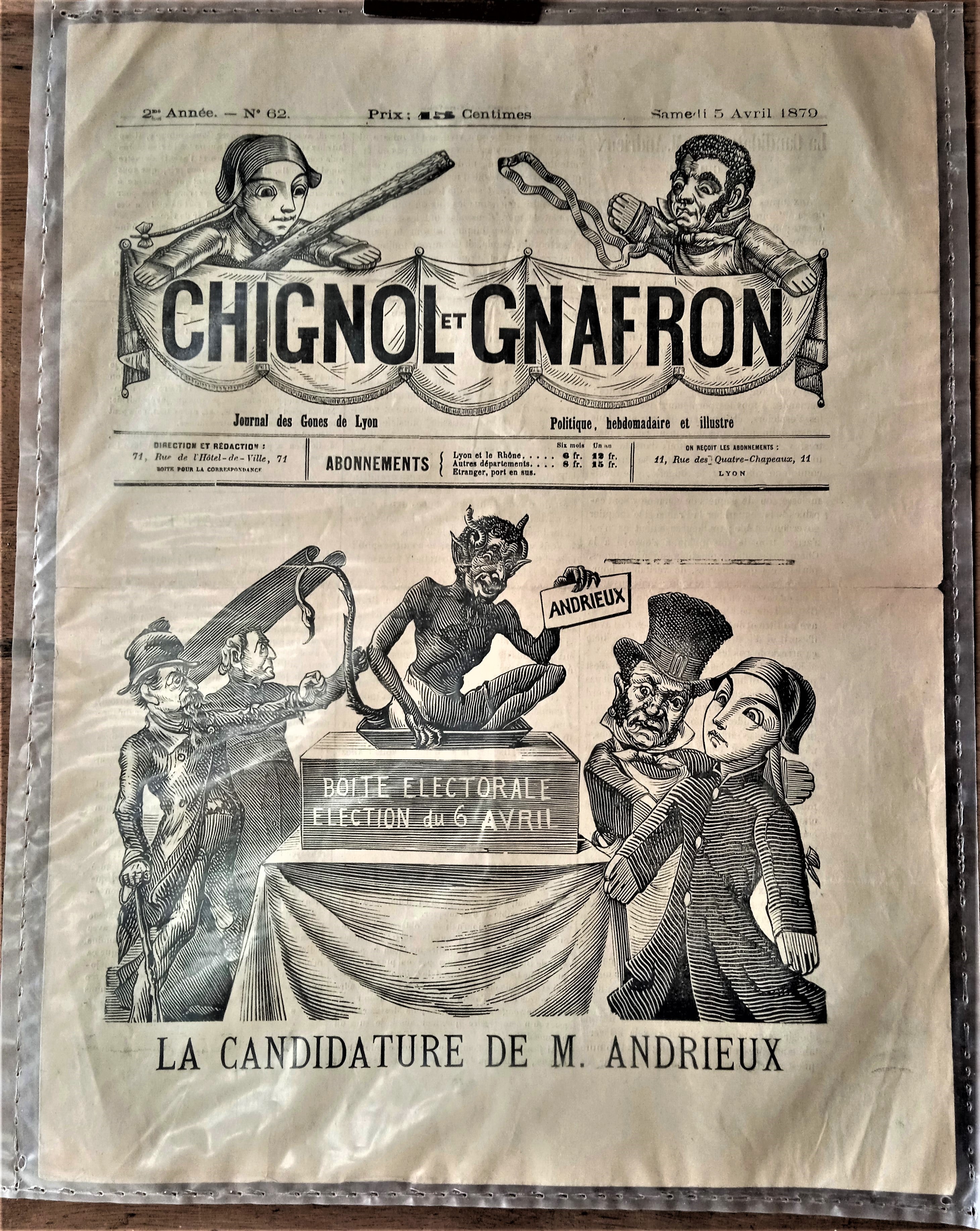 N° Jn62     Authentique journal  Chignol et Gnafron N° 64 2è année du 05 Avril 1879  occasion