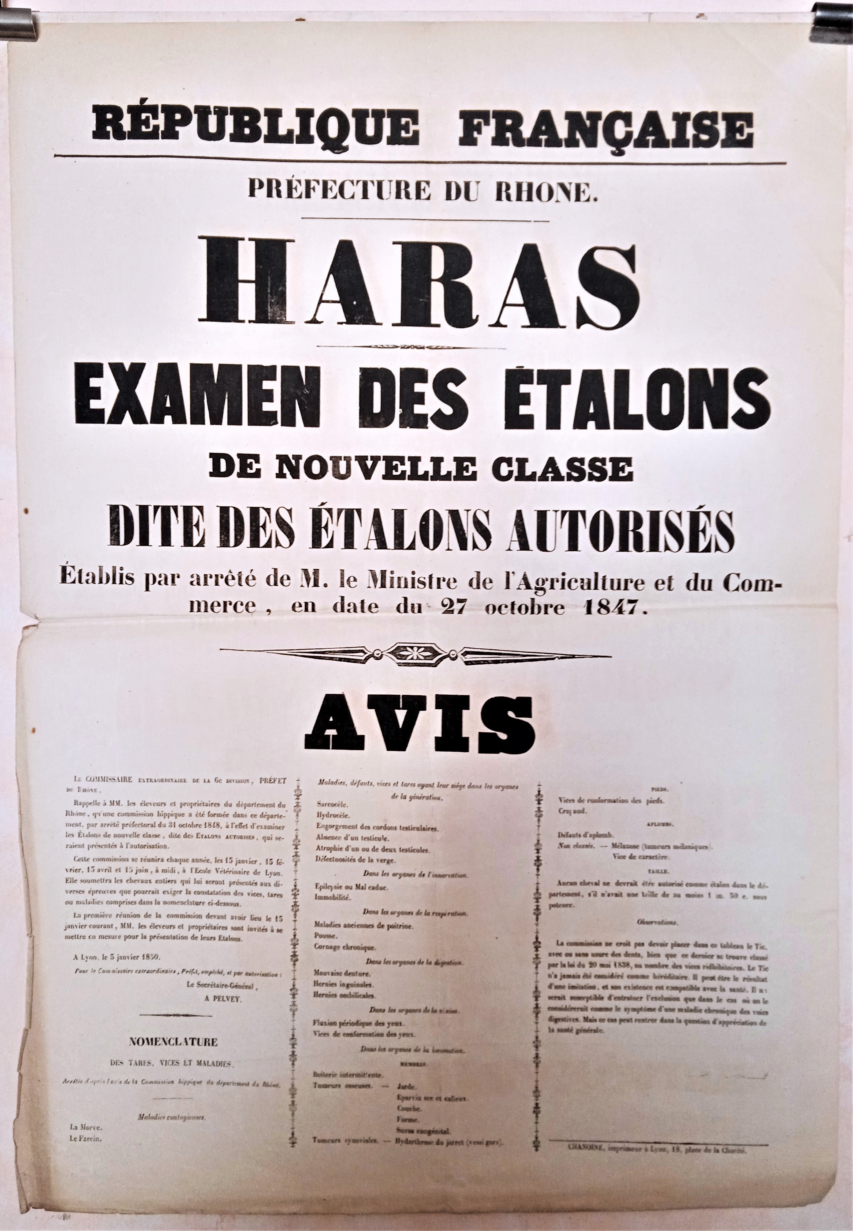 T2  A 170 Haras examen des étalons autorisés du 27 Octobre 1847 occasion