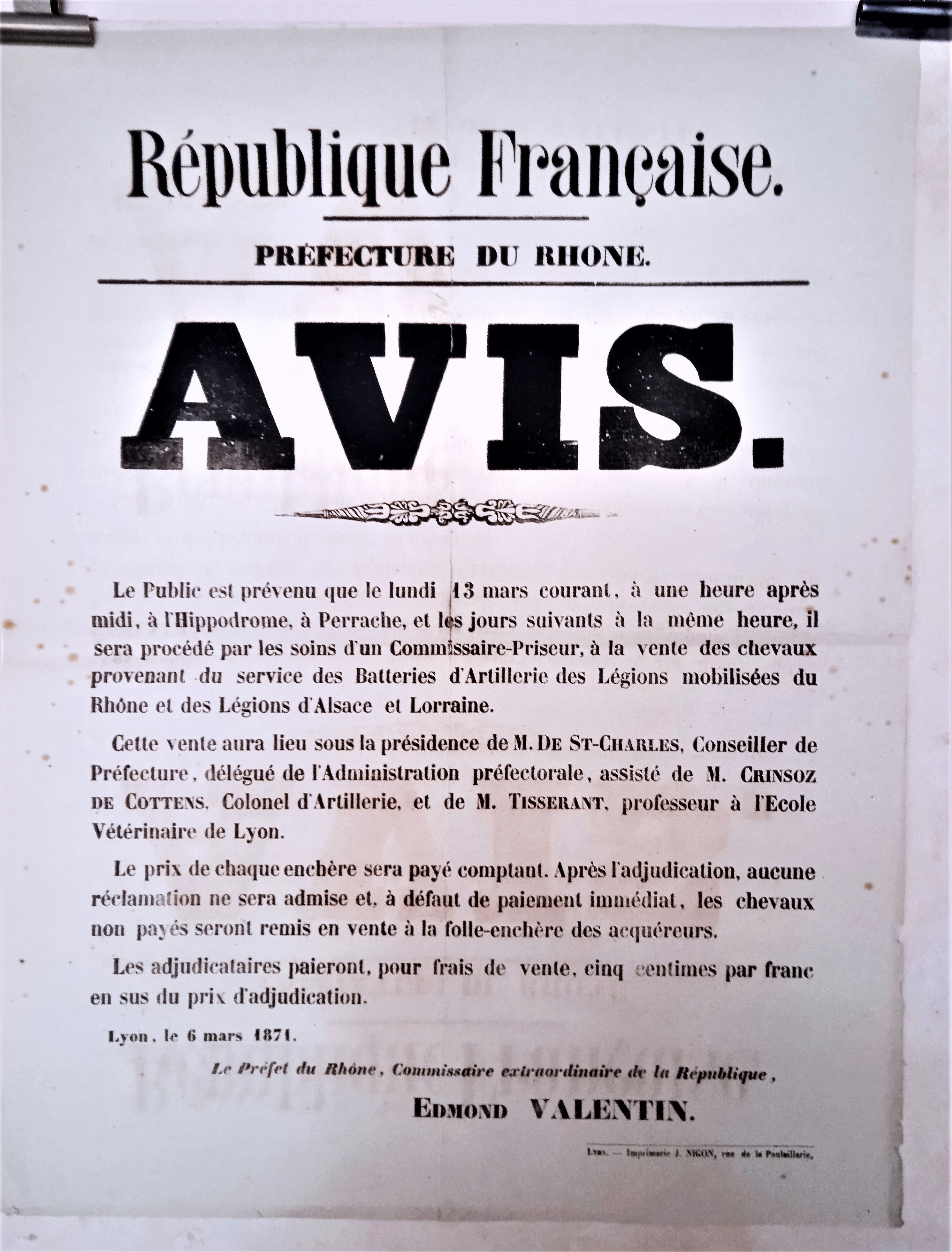 T2 A 175  avis vente de chevaux hippodrome de Perrache du 6 Mars 1871  occasion