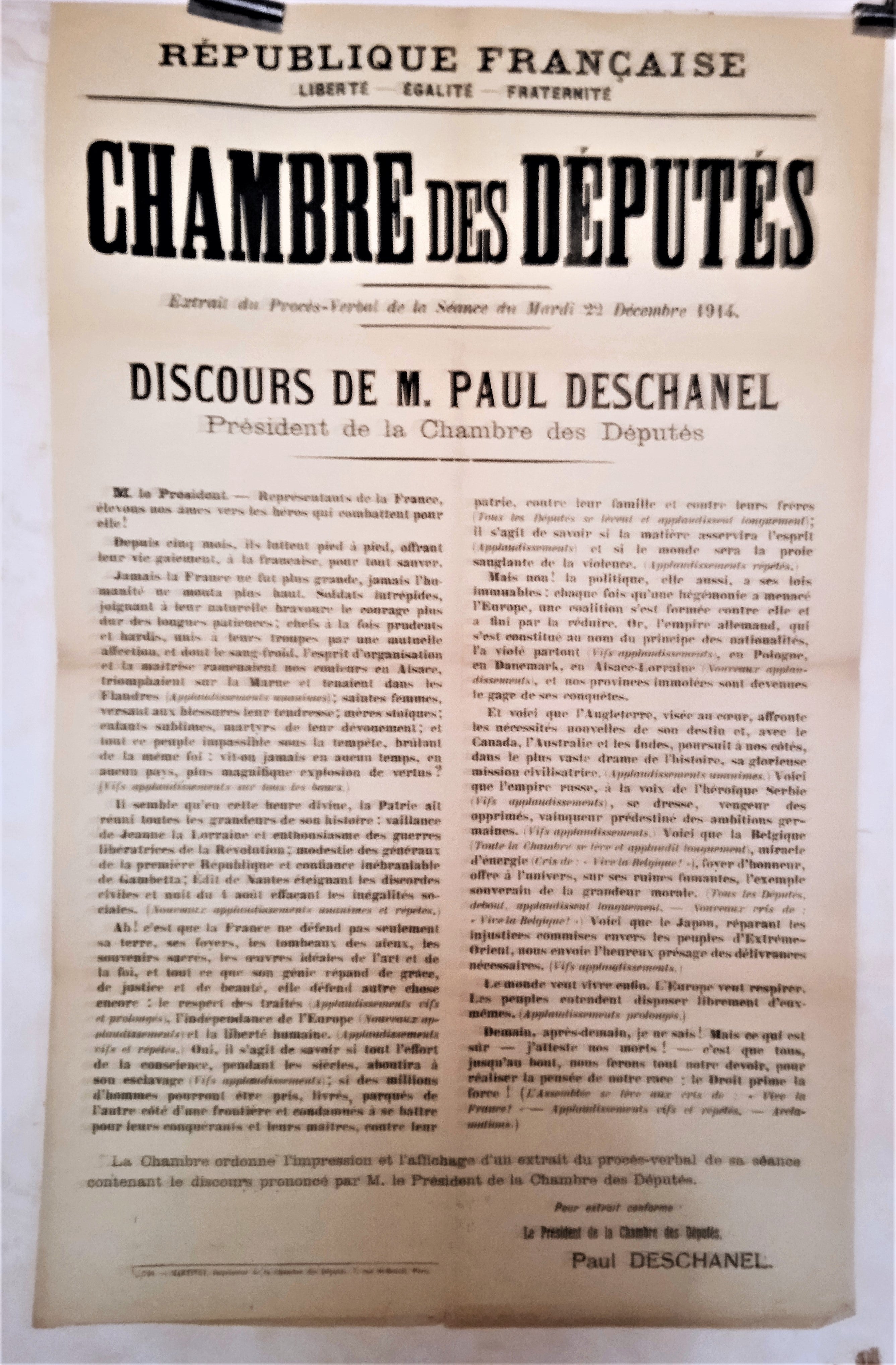 T2 A 13 Affiche Discours de M. Paul Deschanel chambre des députés occasion