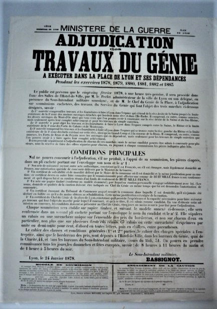 T2 A 34  Adjudication des travaux du Génie de Lyon du 24 Janvier 1878 occasion