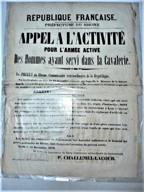 2 A 40 Appel à l' activité des hommes ayant servi dans la cavalerie du 21 Décembre 1870 occasion