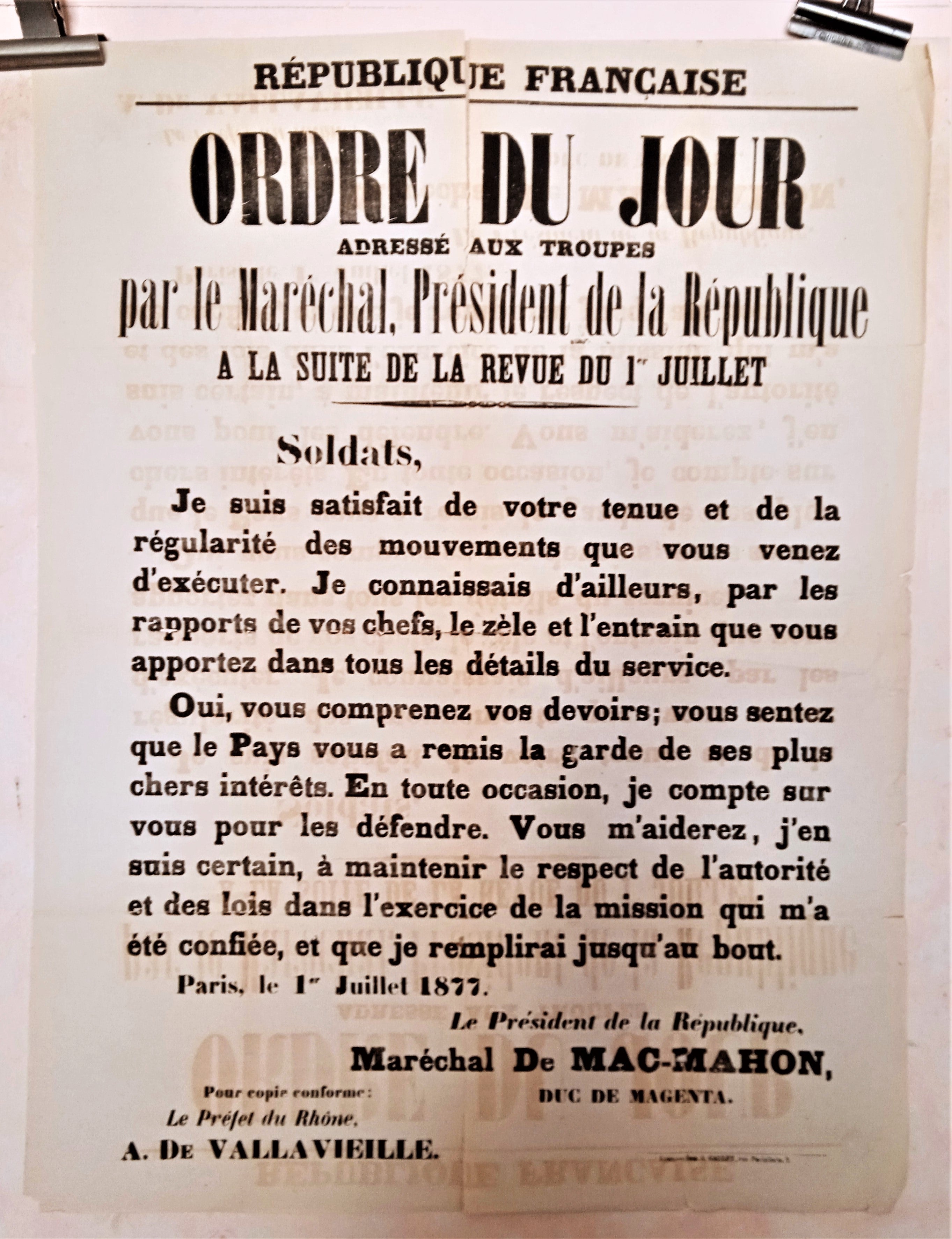 T2 A 101  Ordre du jour par Le Maréchal Président De La République du 1er Juillet 1877