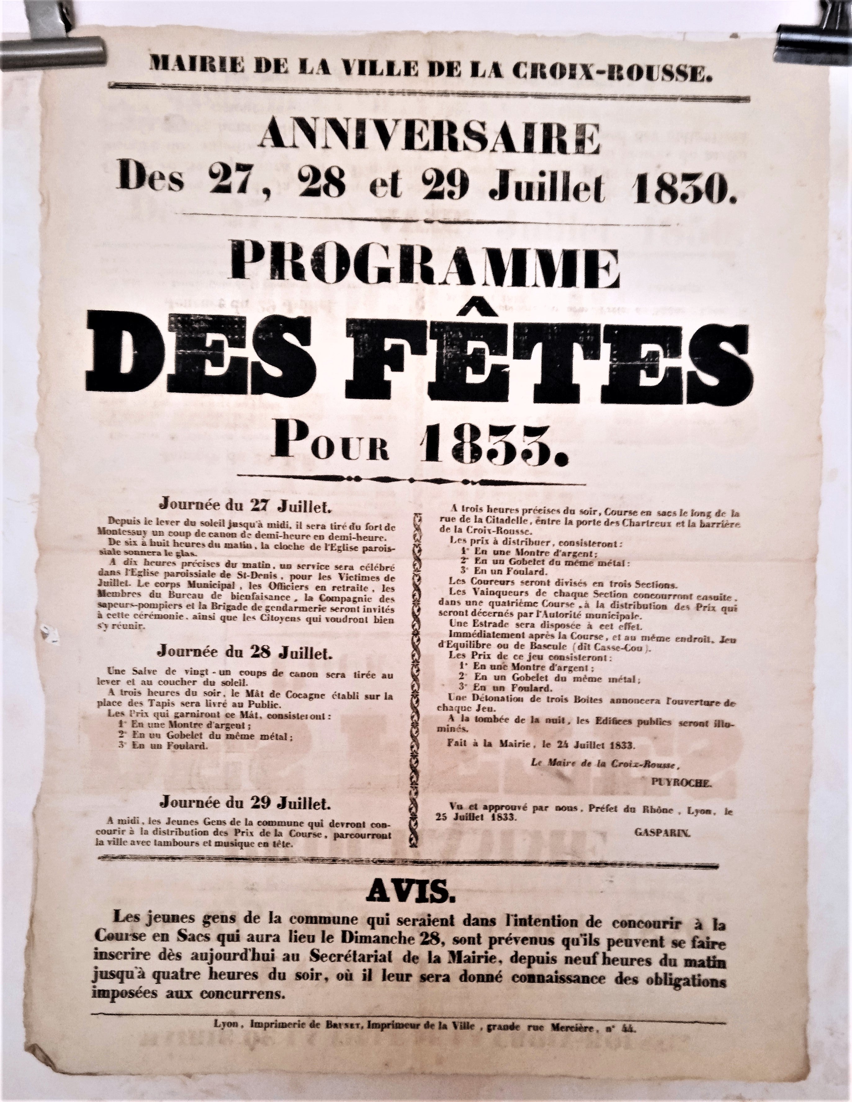 T2 A 110 Programme des fêtes de La Croix Rousse du 25 Juillet 1833 occasion