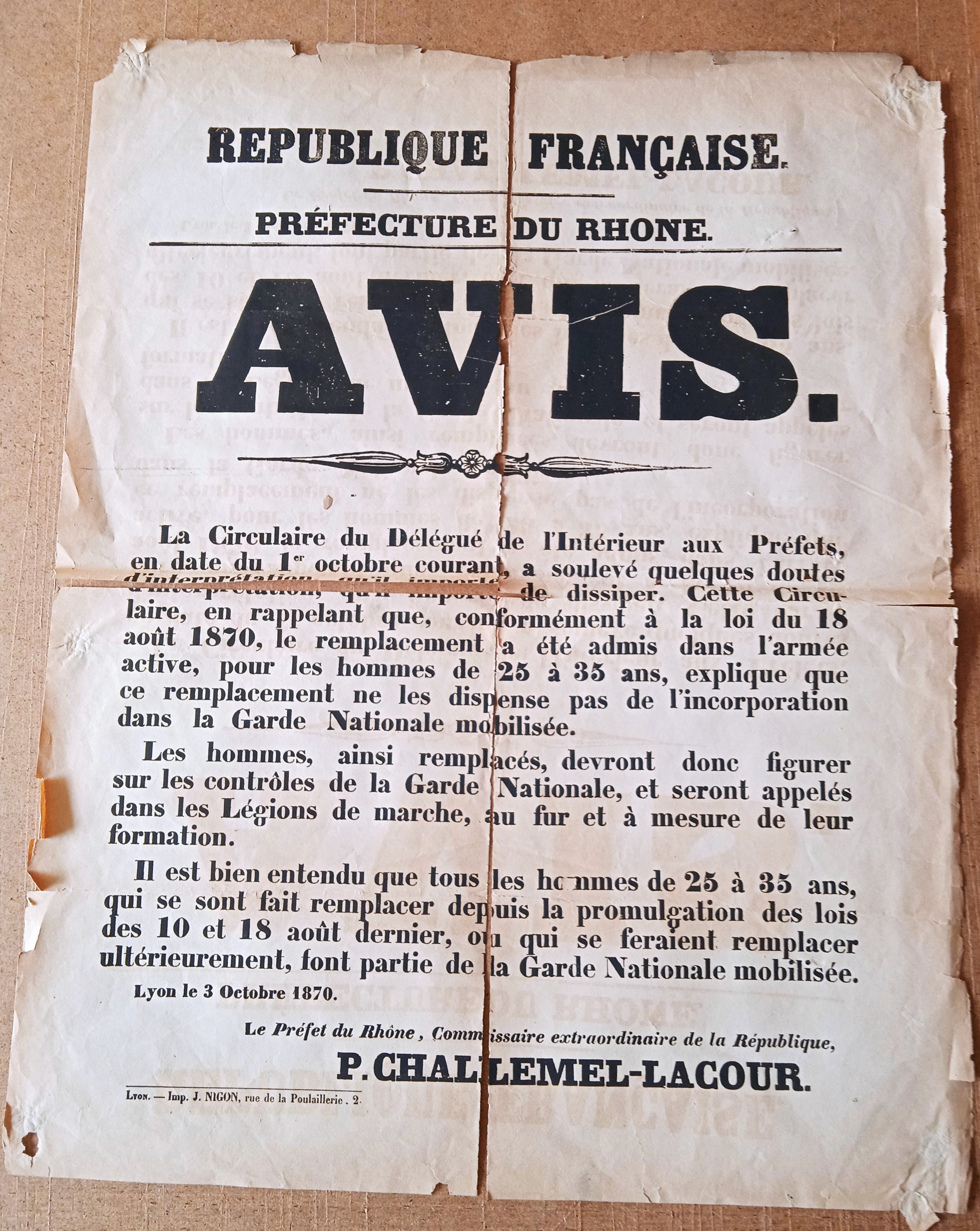 T2 A 117  Avis de Challemel Lacour  du 3 Octobre 1870 occasion