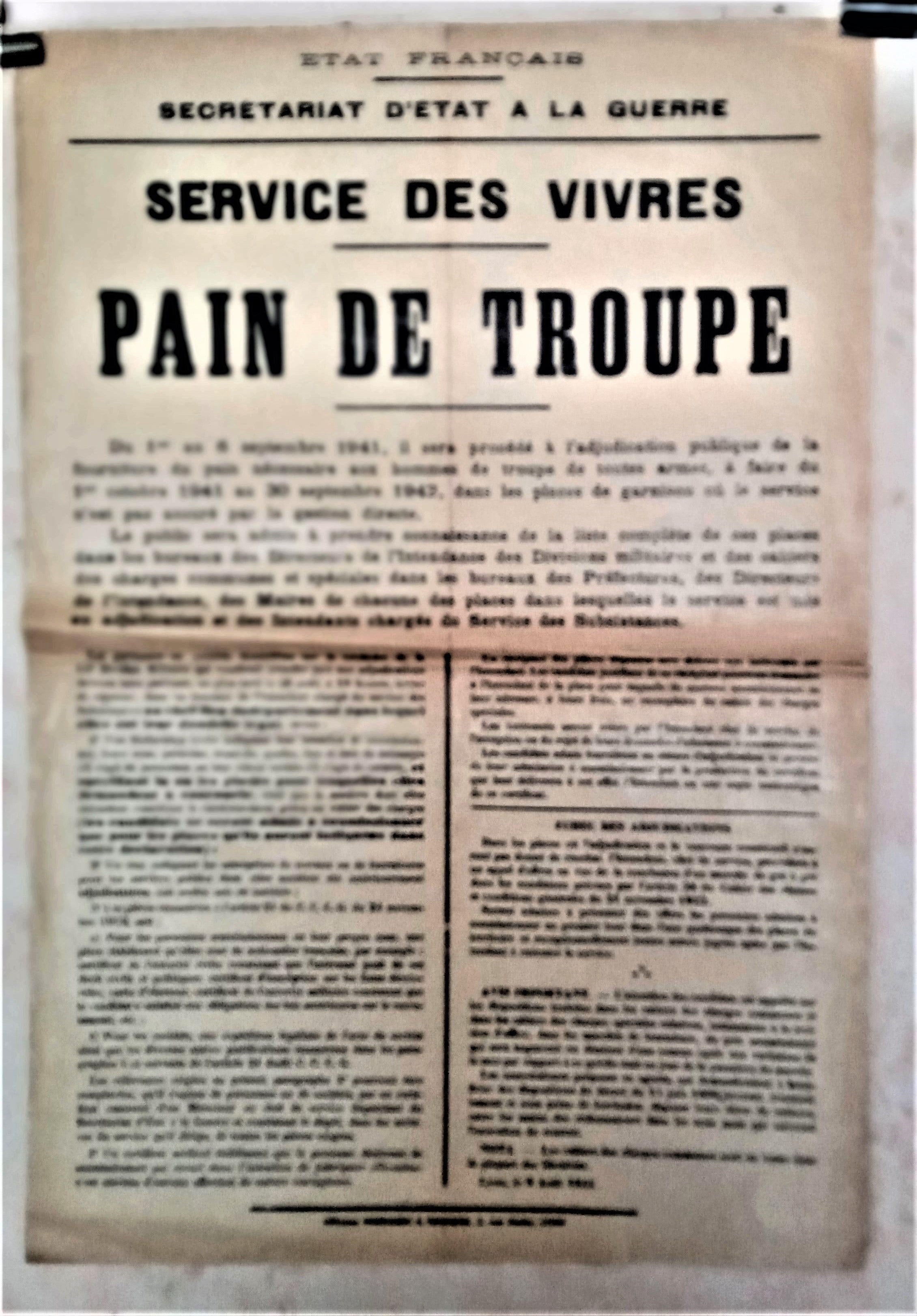 T2 A 118  Service de distribution  des vivres et du Pain De Troupe du 9 Août 1941  occasion