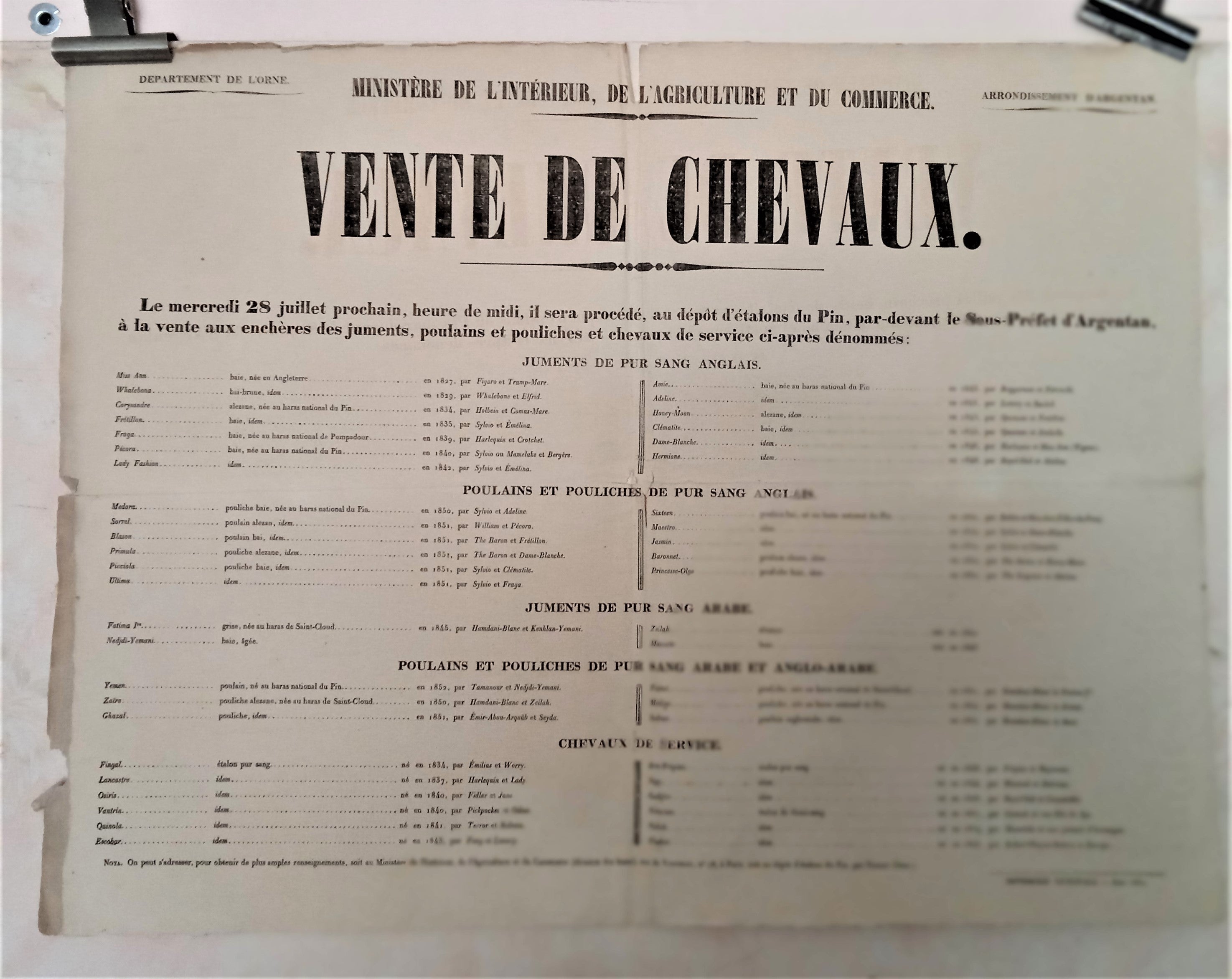 T2 A 119 ministère de l' intérieur  Vente de chevaux du 28 Juin 1852 occasion