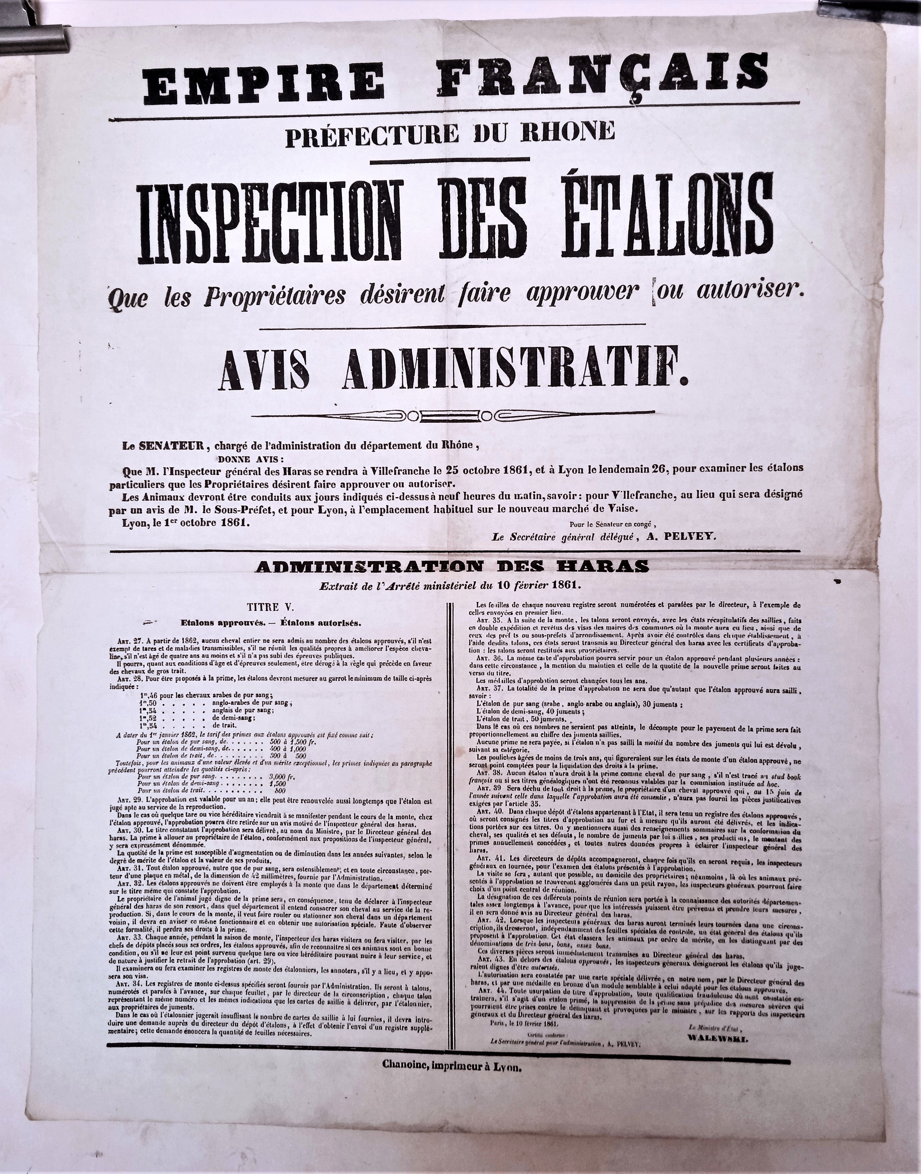 T2 A 159  Inspection des étalons Avis administratif du 10 Février 1861 occasion