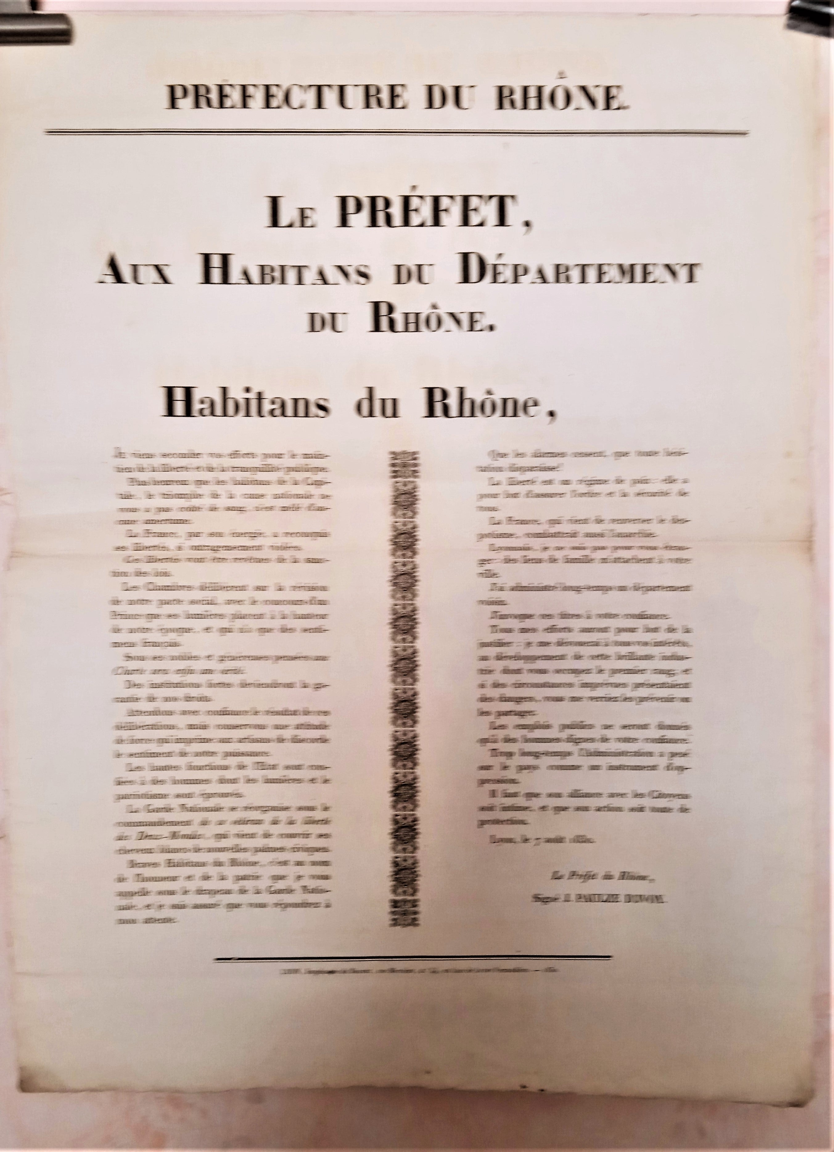 T2 A 168  Le Préfet aux habitants du Rhône  Du 7 Août 1830  occasion