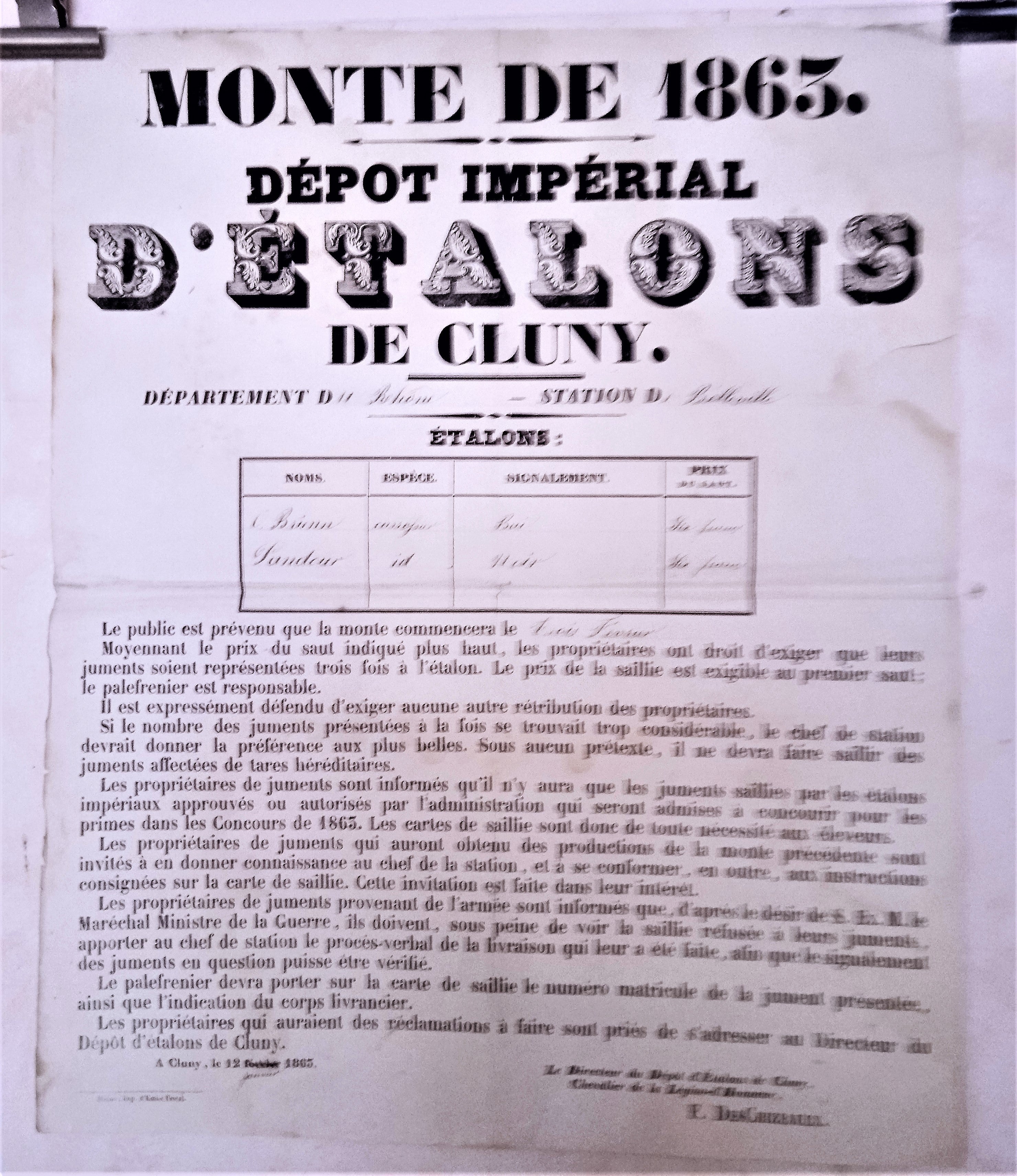 T2 A 177  Monte de 1863 Dépôt impérial d' étalons de Cluny du 12 Janvier 1863  occasion