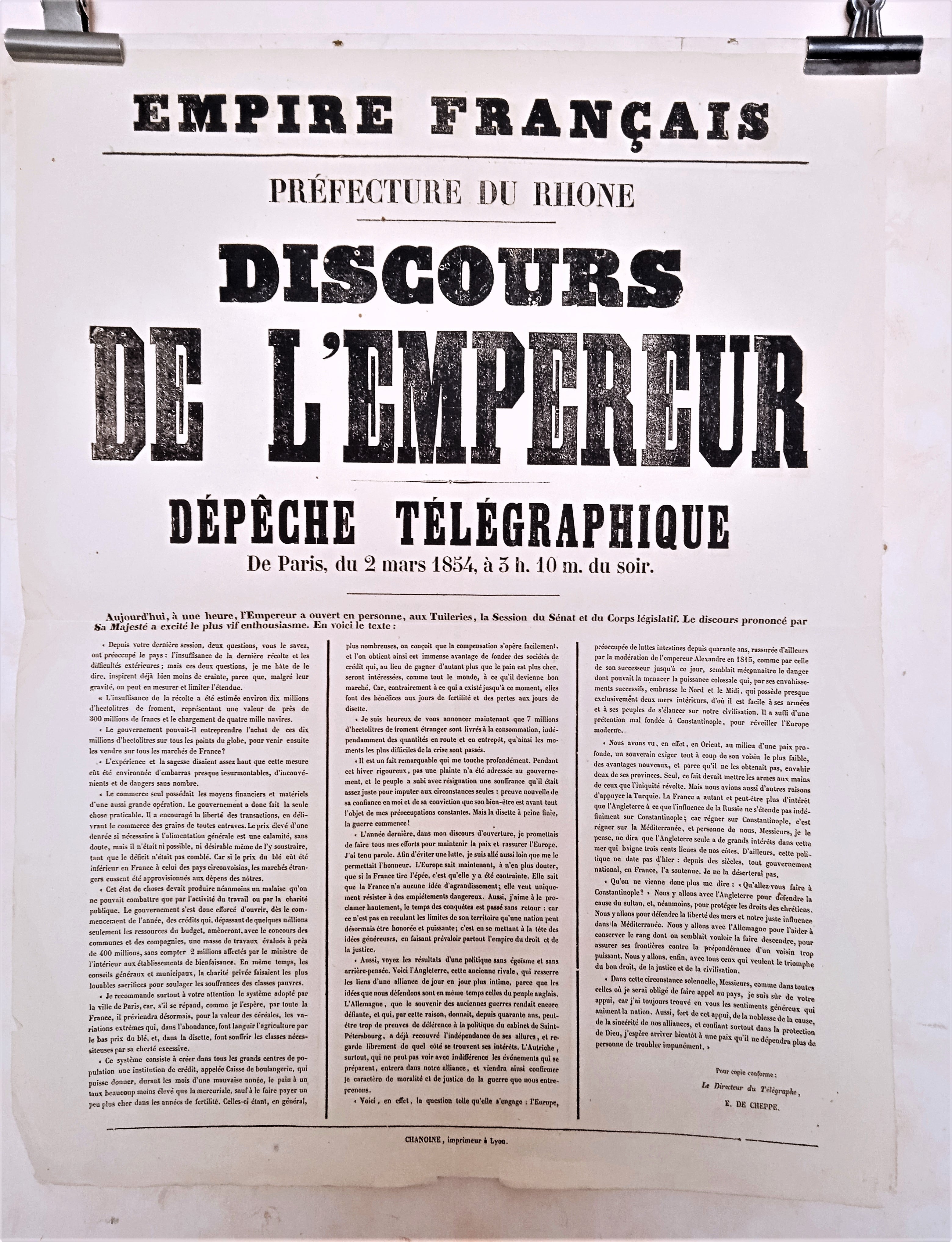 T2 A 189  Discours de l' Empereur  Dépêche télégraphique du 2 Mars 1854 occasion