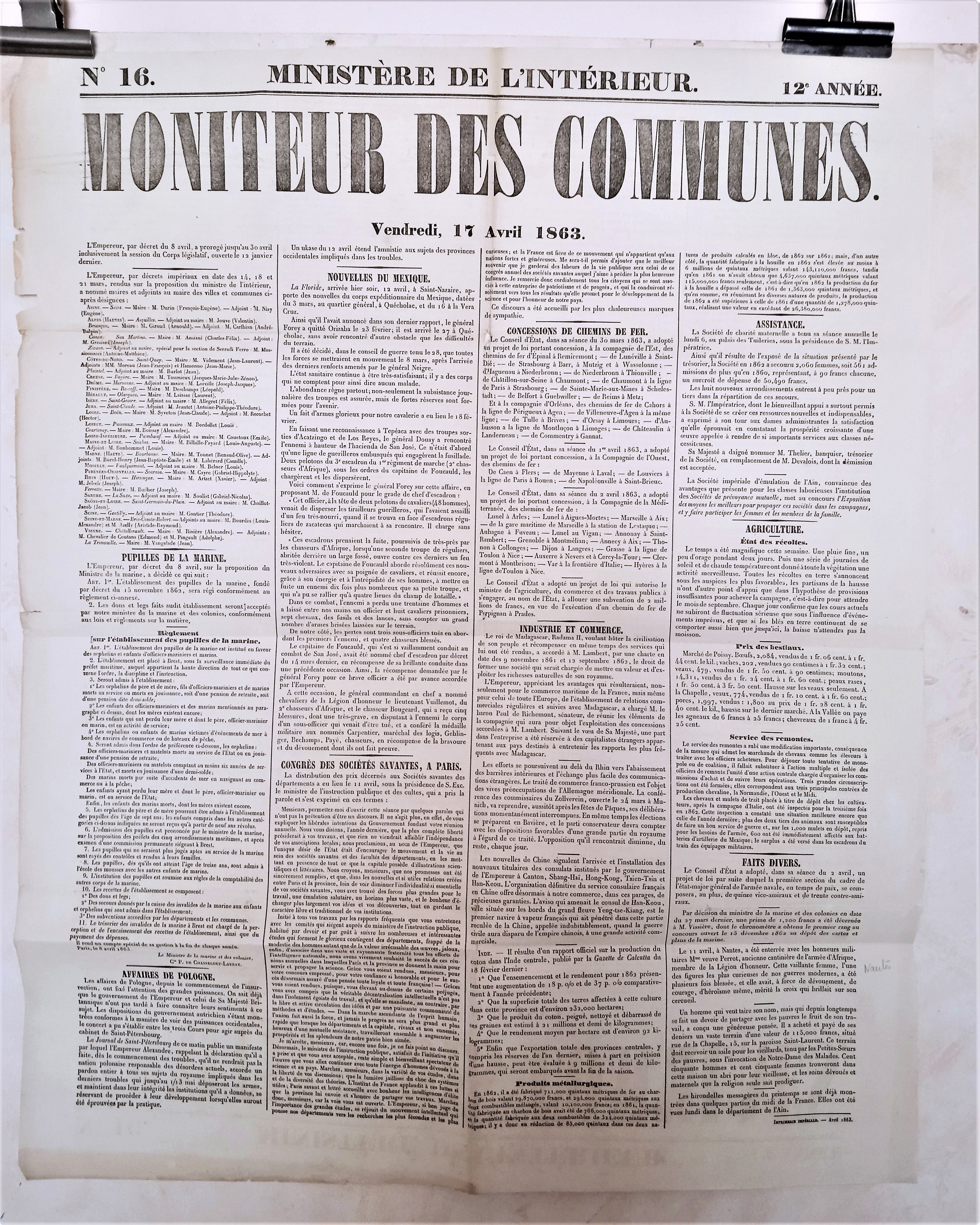 T2 A 192 Moniteur des communes N° 16 12e année du 17 Avril 1863 occasion