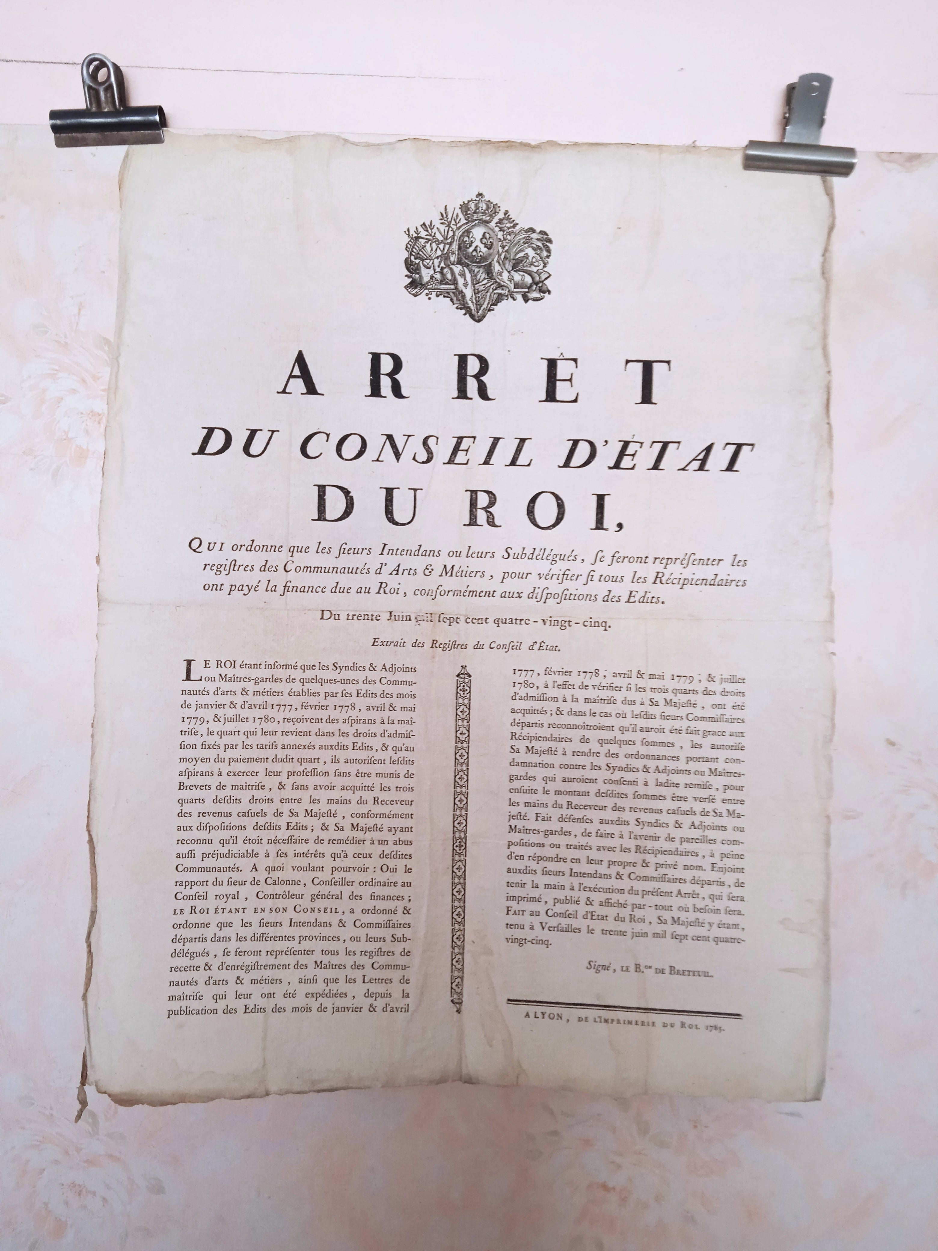 T2 A 210 Arrêté du conseil d' état du Roi  de 1785 occasion