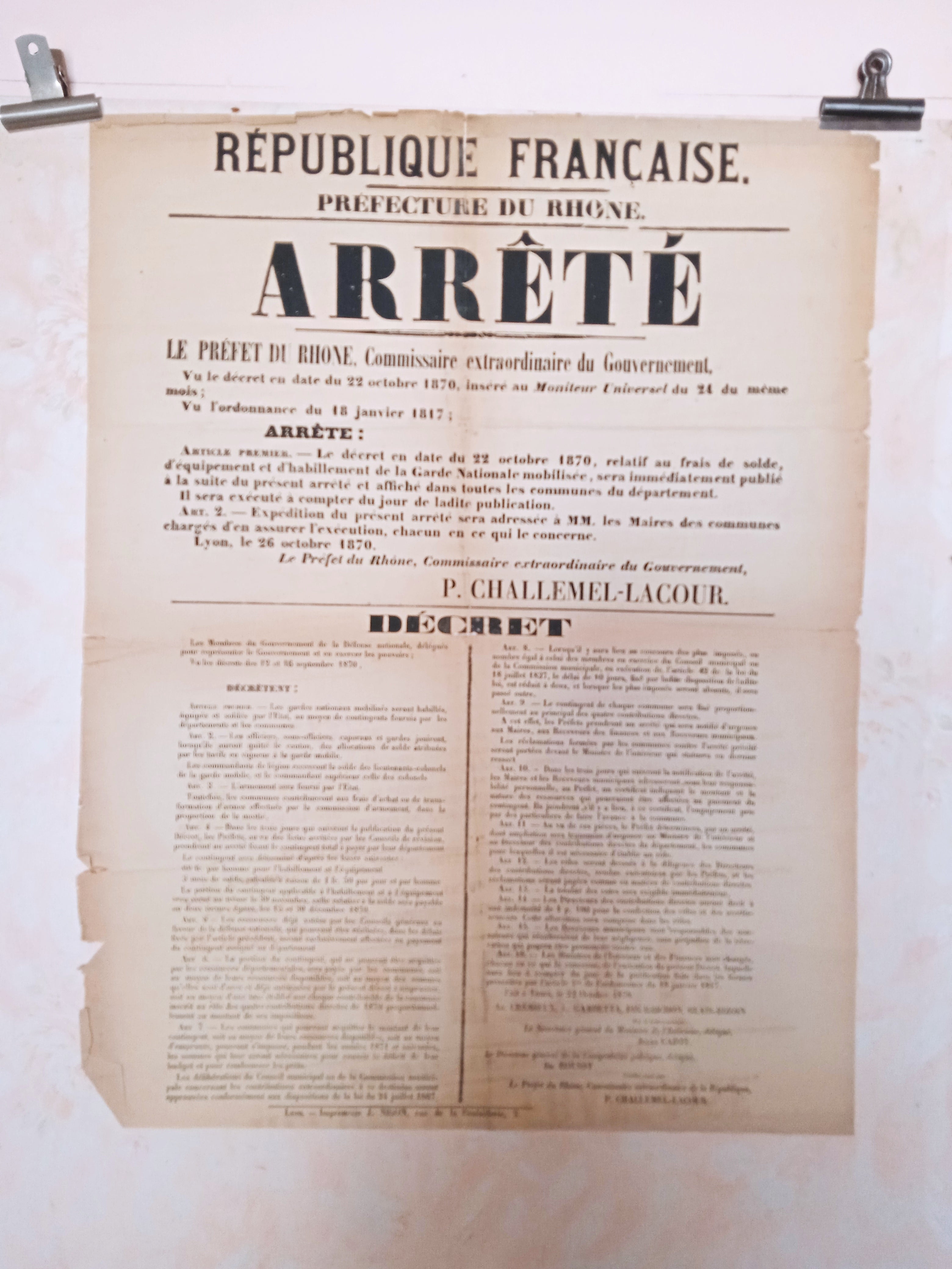 T2 A 69   Arrête Décret du 22 Octobre 1870 occasion