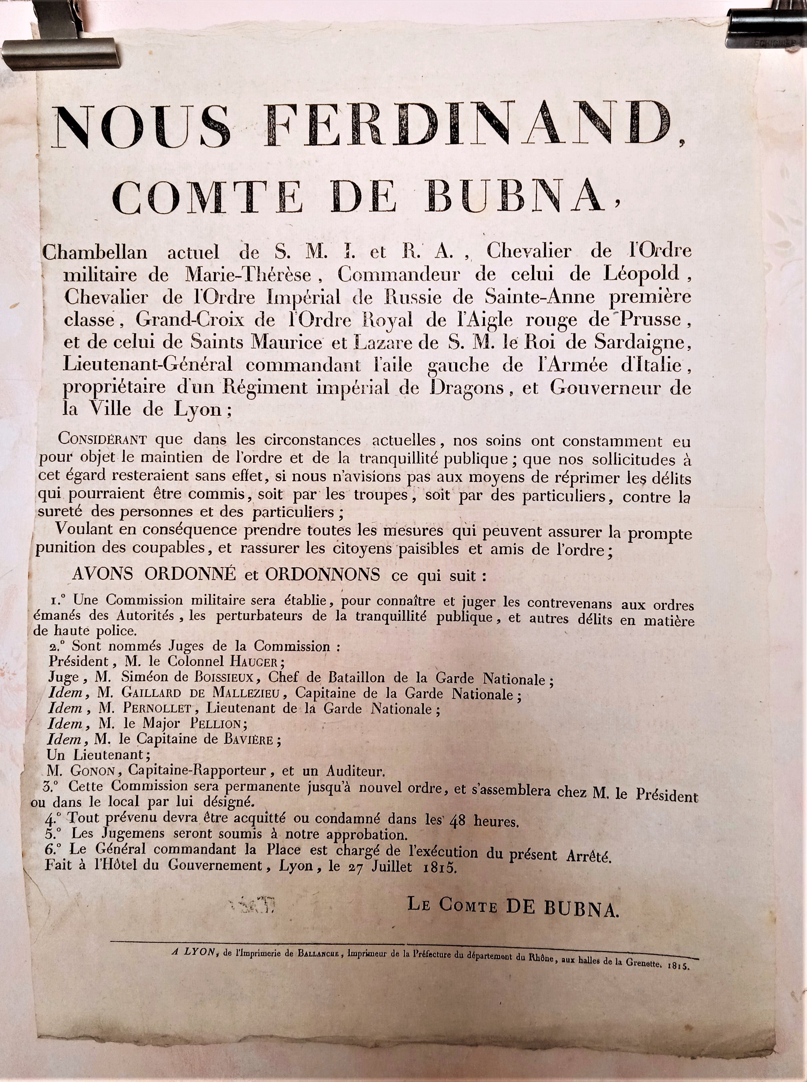 T2 A 94 Ordonnance Nous Comte De Bubna du 27 Juillet 1815 occasion