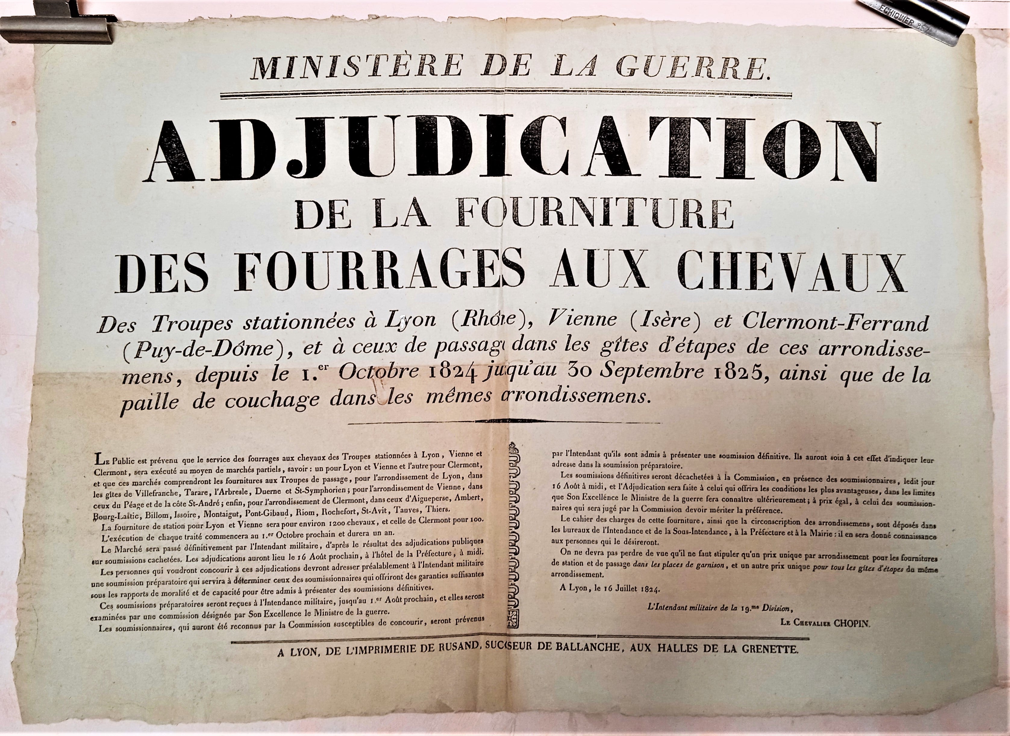 T2 A 99 Ministère de la guerre Adjudication de la fourniture des fourrages aux chevaux du 16 Juillet 1824