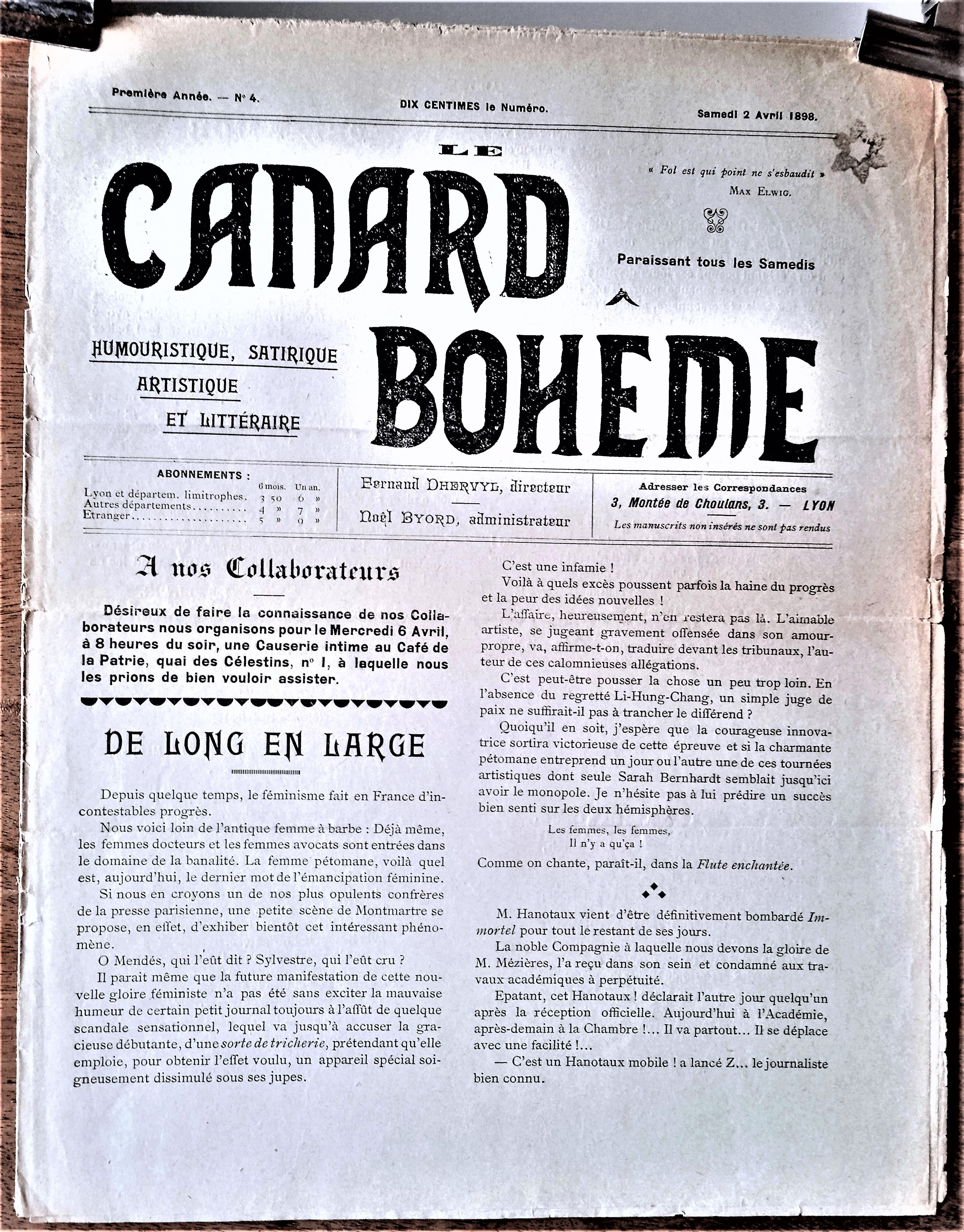 N°Jn 4    Authentique journal  Canard Bohême N° 4 Du 2 Avril 1898  occasion