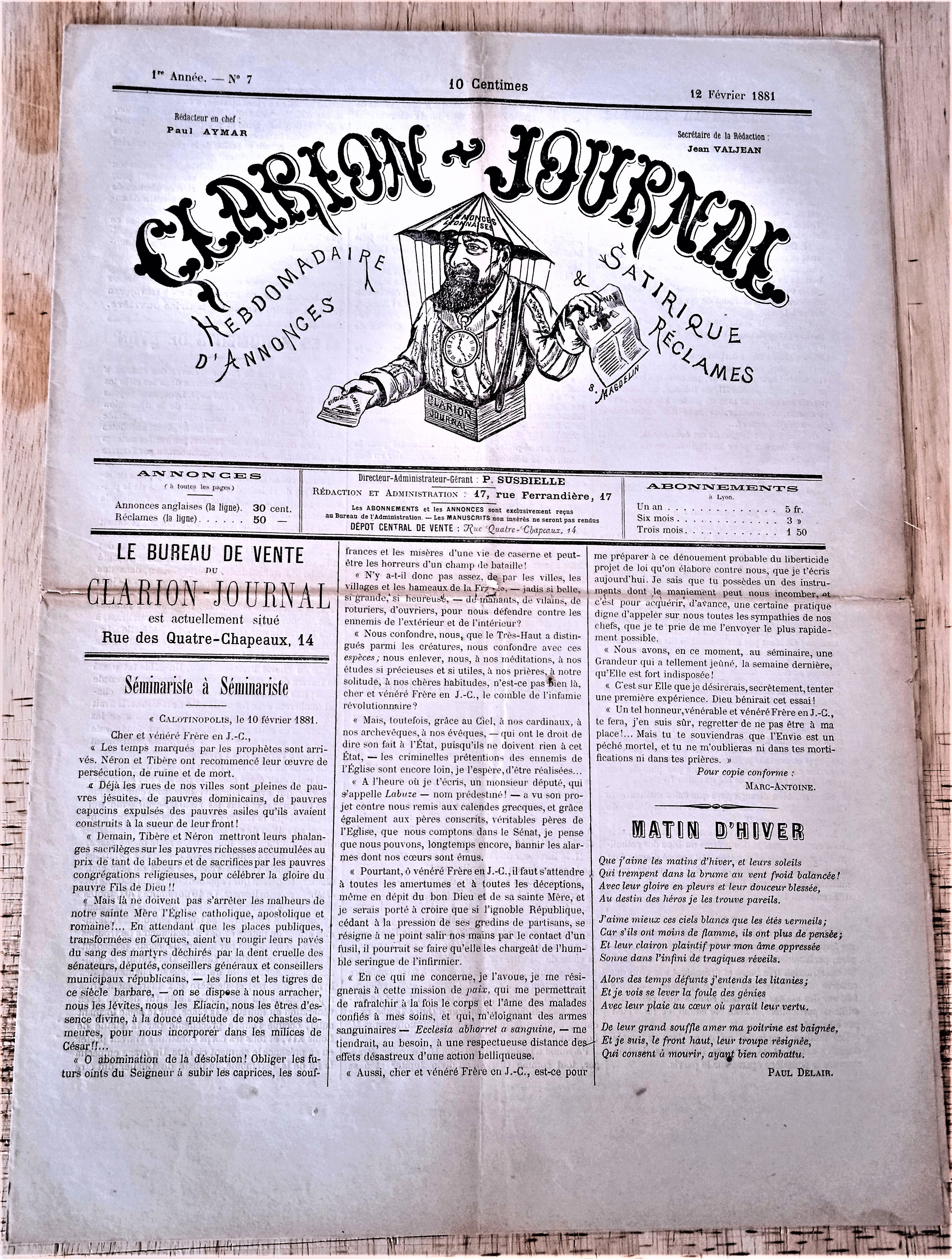 N°j n 7    Authentique journal Clarion Première année  N° 7  Du 01 Février 1881               occasion