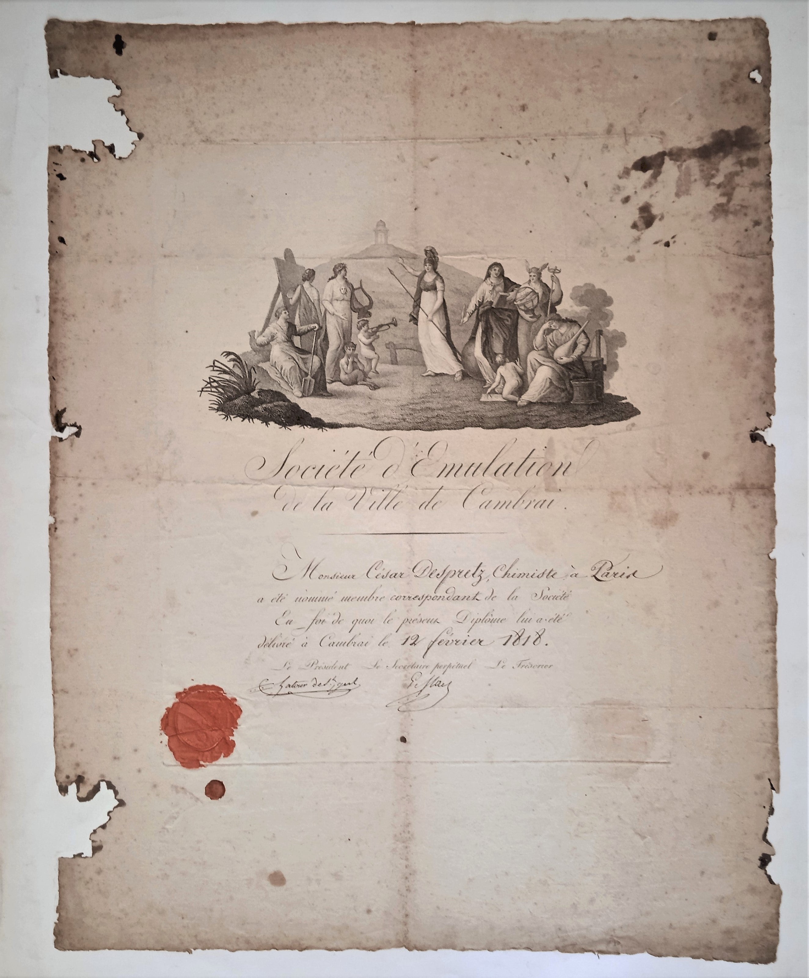 Document N° n 8  société d' émulation de la ville de Cambrai occasion du 12 Février 1818 état: voir photo