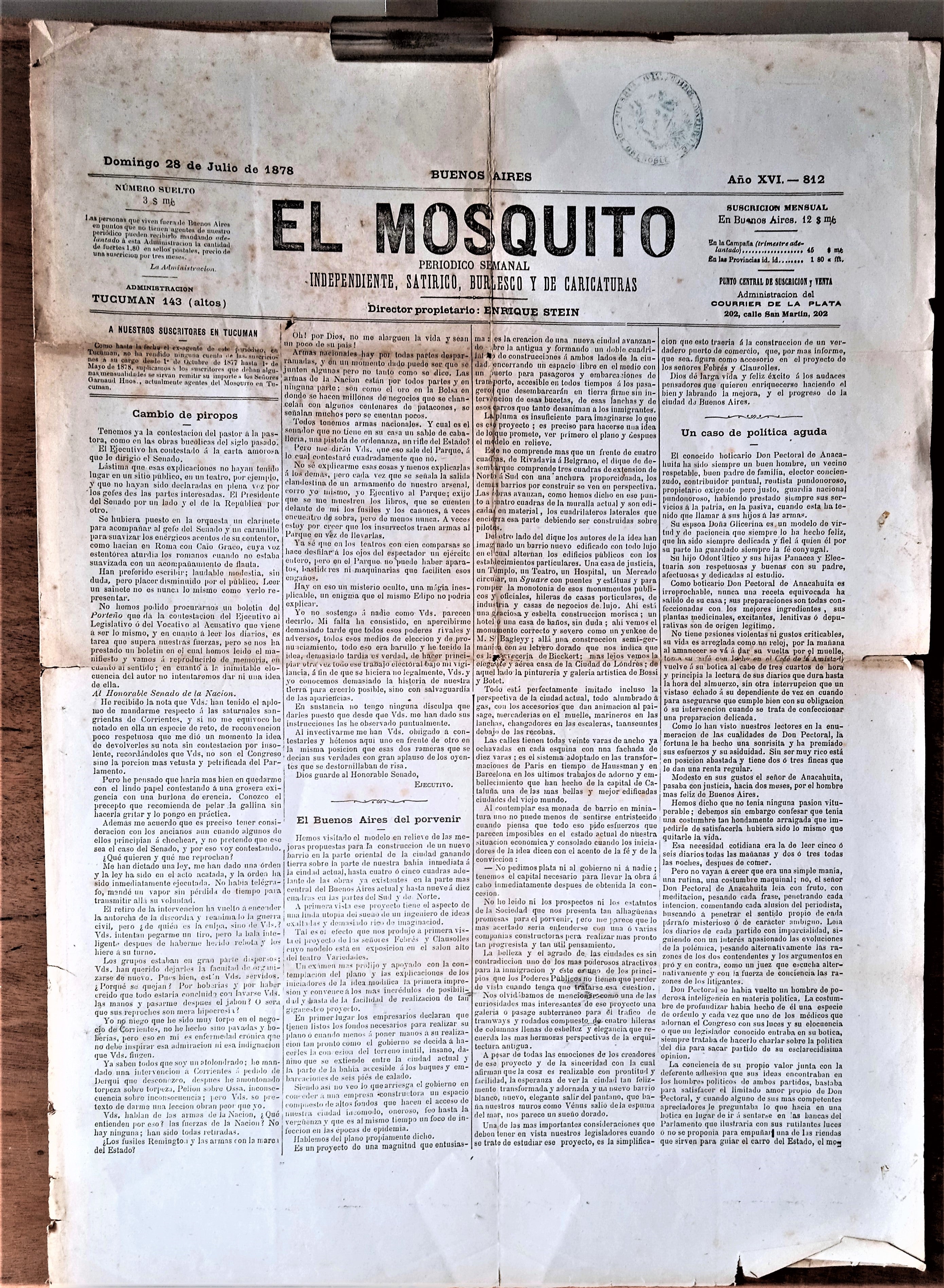 N°J n 812     Authentique journal  El Mosquito  N° 812  16e année du 28 Juillet 1878  occasion