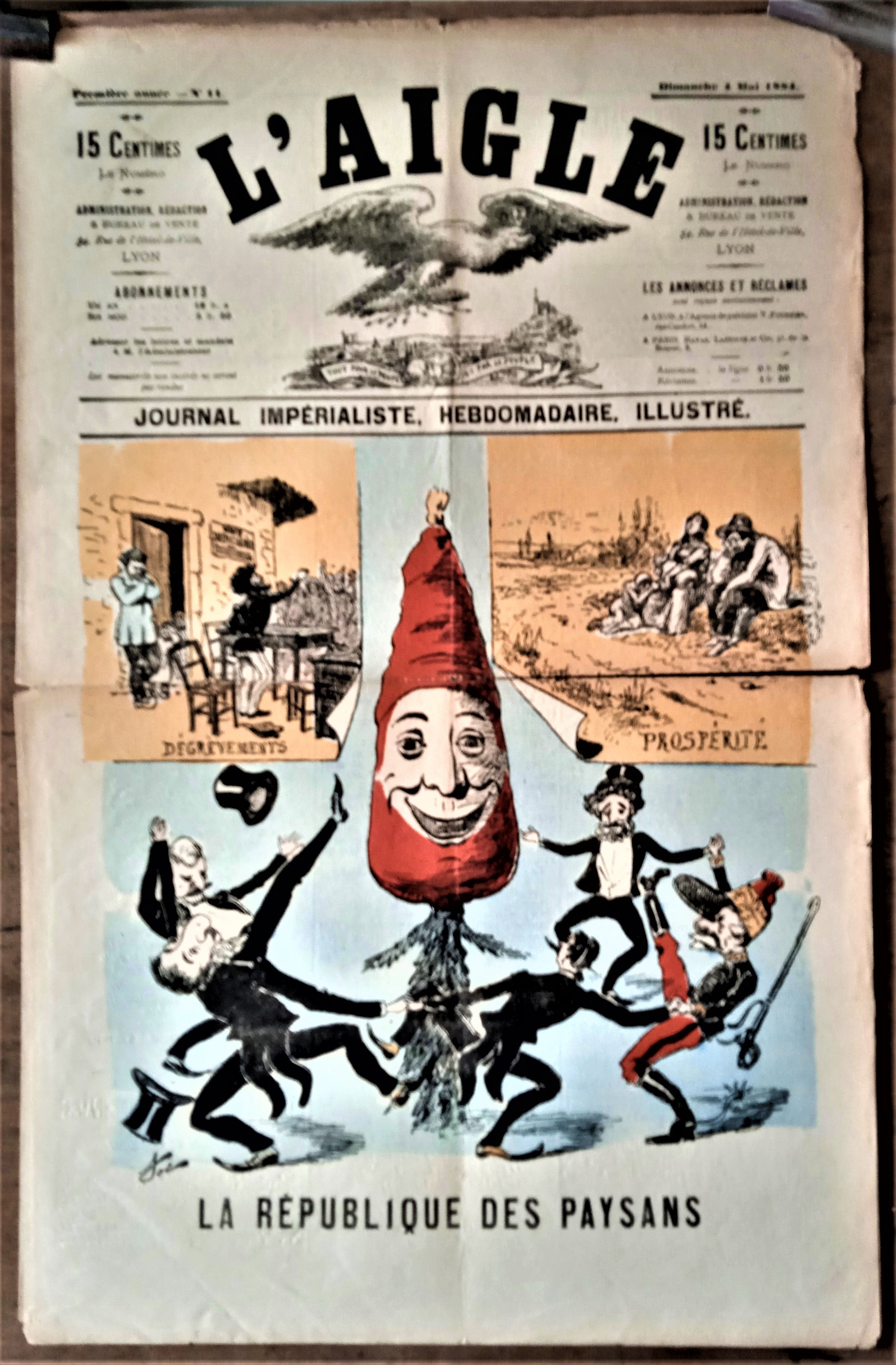 N°  Jn 11  Authentique journal  L' Aigle Première année N° 11 Dessin signé Toc du 04 Mai 1884   occasion Coupé dans la pliure