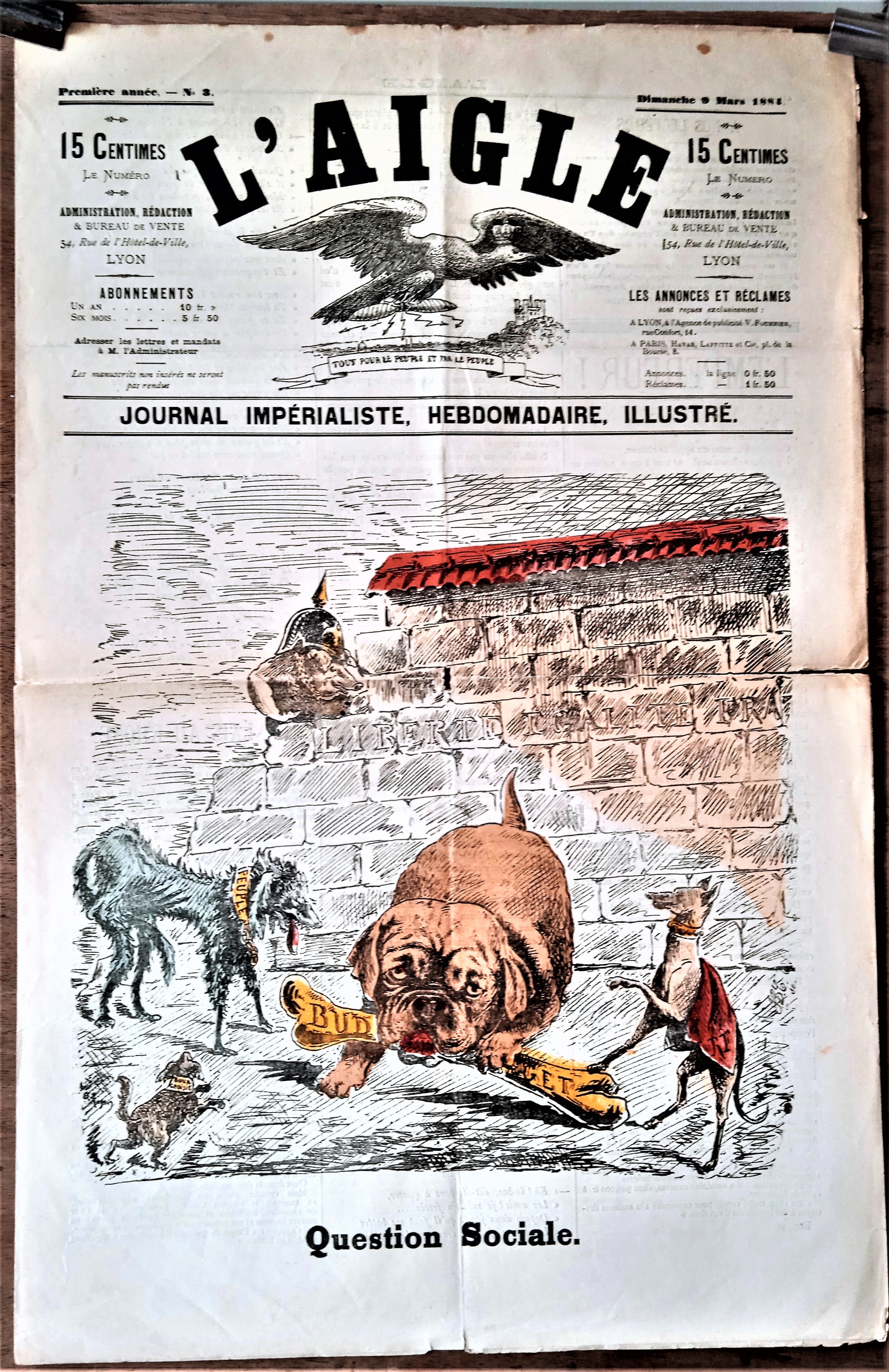 N°  Jn 3  Authentique journal  L' Aigle Première année N° 3 Du 09 Mars 1884   occasion Coupé dans la pliure