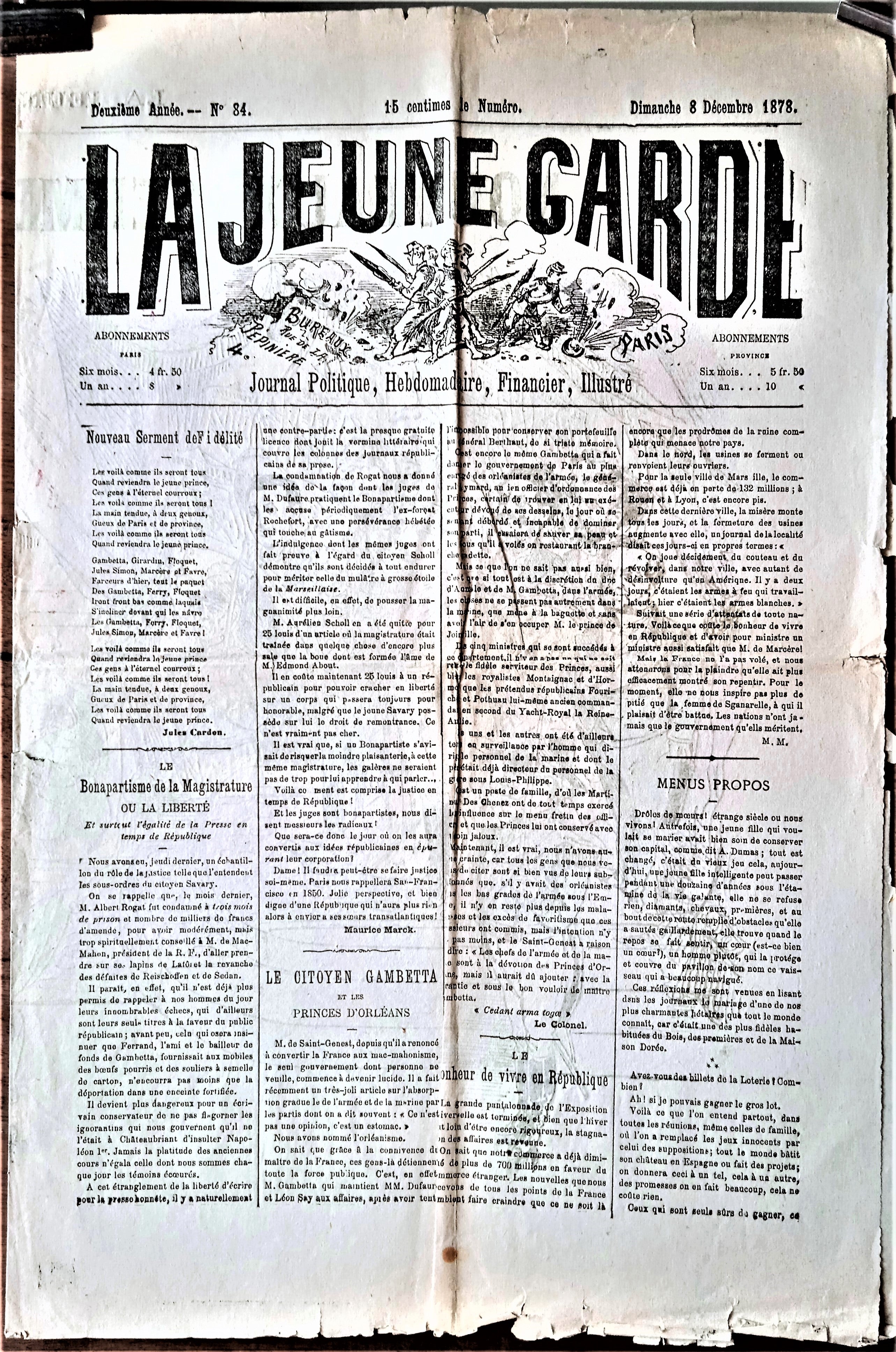 N°Jn 84    Authentique journal La jeune garde N° 84 2è Année du 8 Décembre 1878           occasion