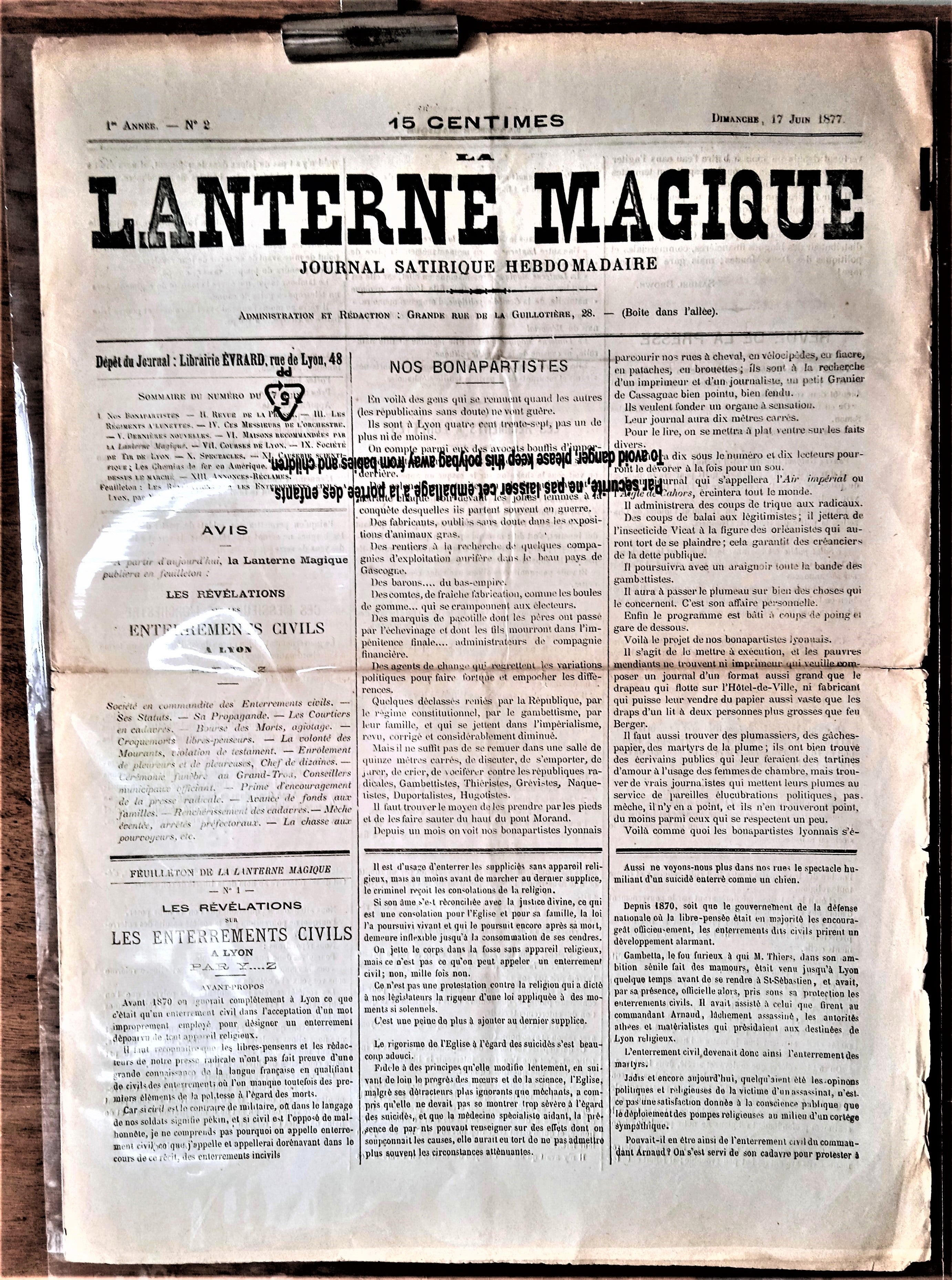 N°Jn2  Authentique journal La Lanterne Magique 1e Année  N° 2 du  17 Juin 1877       occasion.