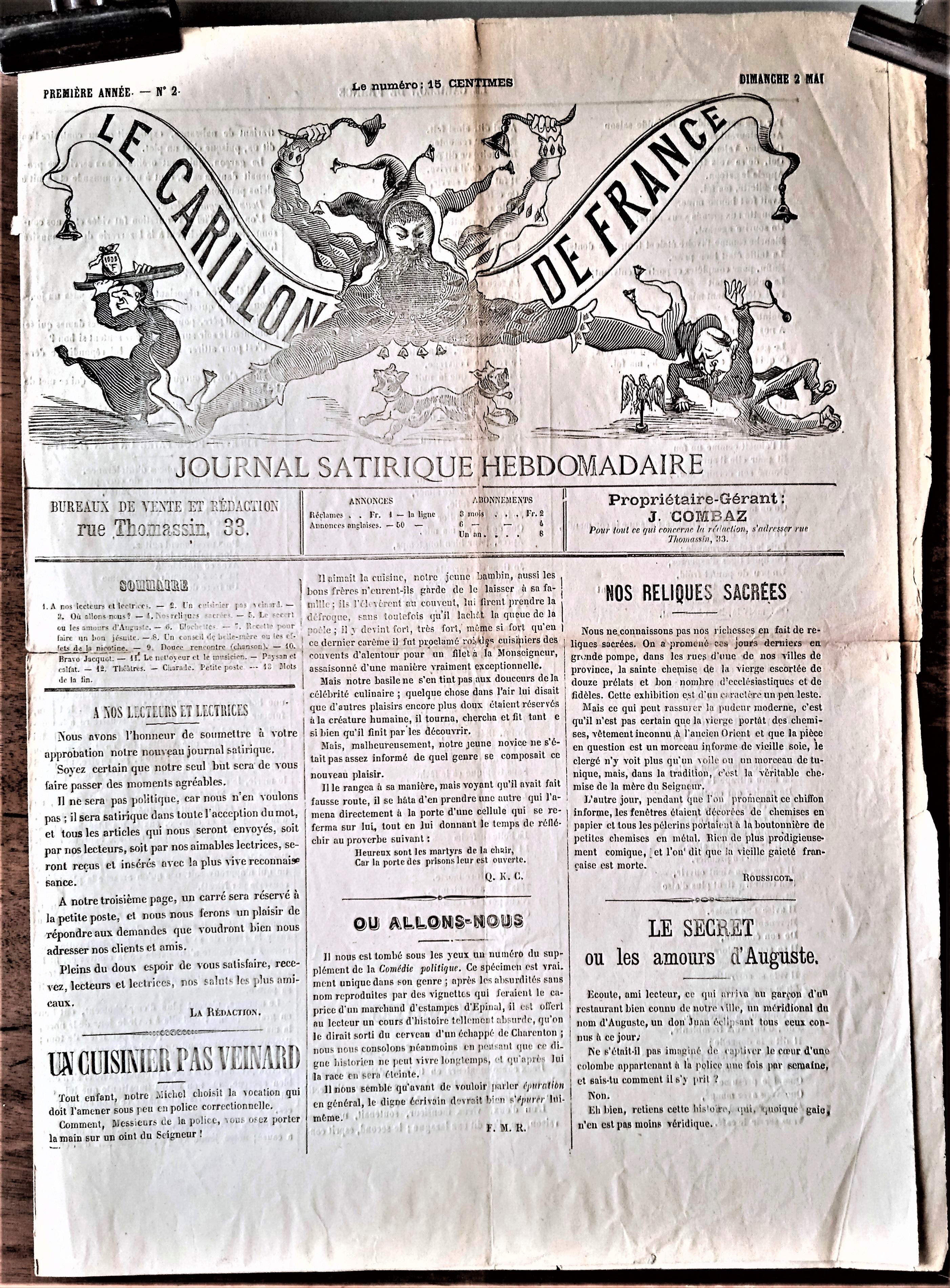 N° Jn2    Authentique journal  Le Carillon De France 1e Année  N° 2 du 2 Mai  1880         occasion