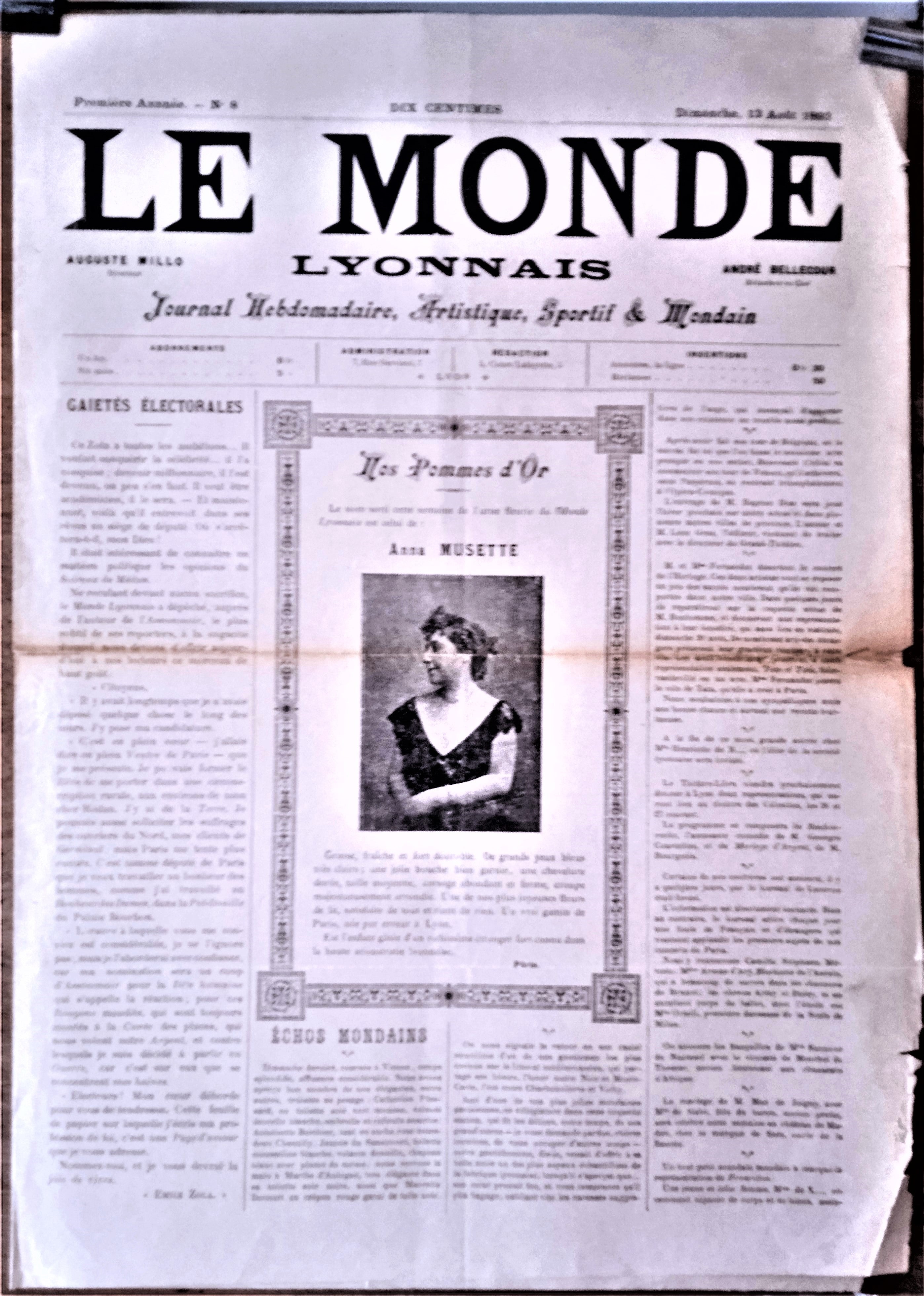 N°Jn 8   Authentique journal Le Monde Lyonnais 1e Année  N° 8  Du 13 Août 1893    occasion