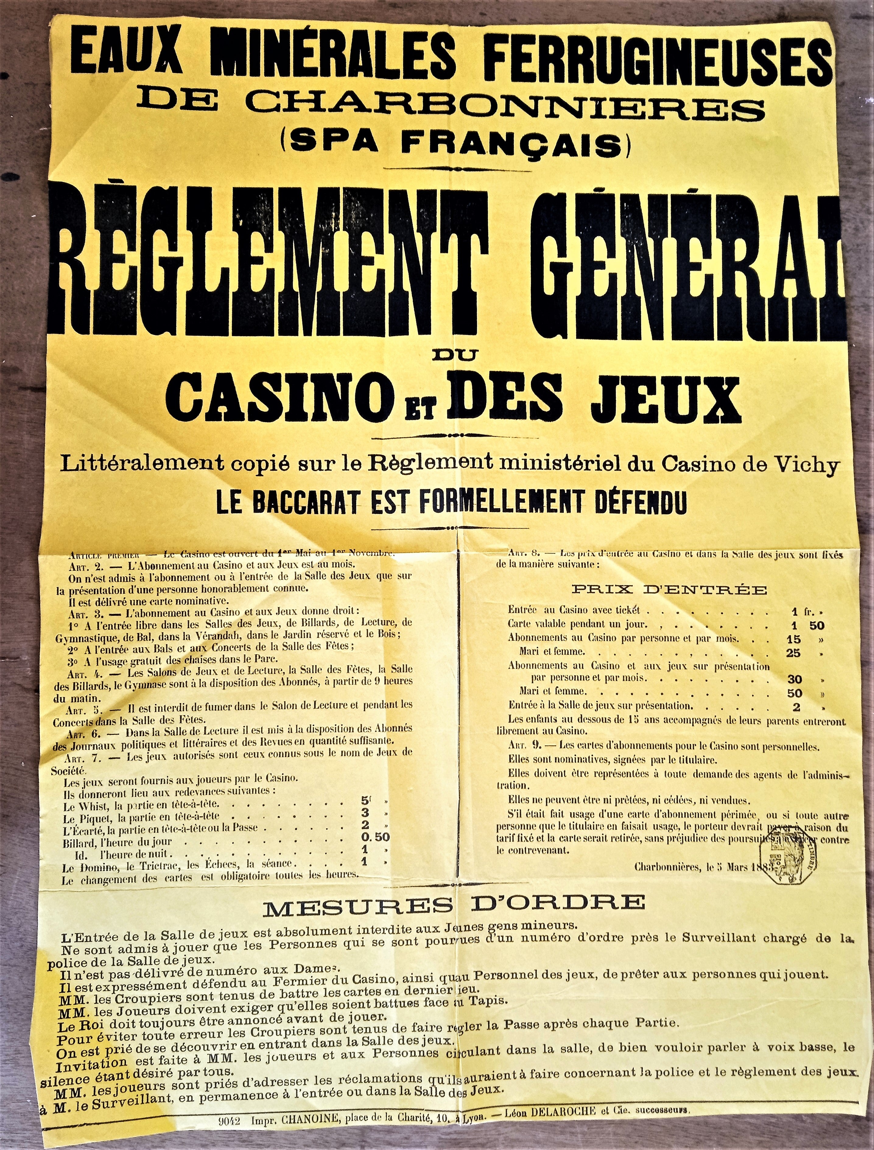 Affiche N° n21 R   Règlement général du casino et des jeux et des eaux ferrugineuses de Charbonnières  occasion