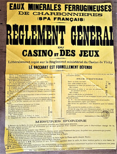 Affiche N° n21 R   Règlement général du casino et des jeux et des eaux ferrugineuses de Charbonnières  occasion