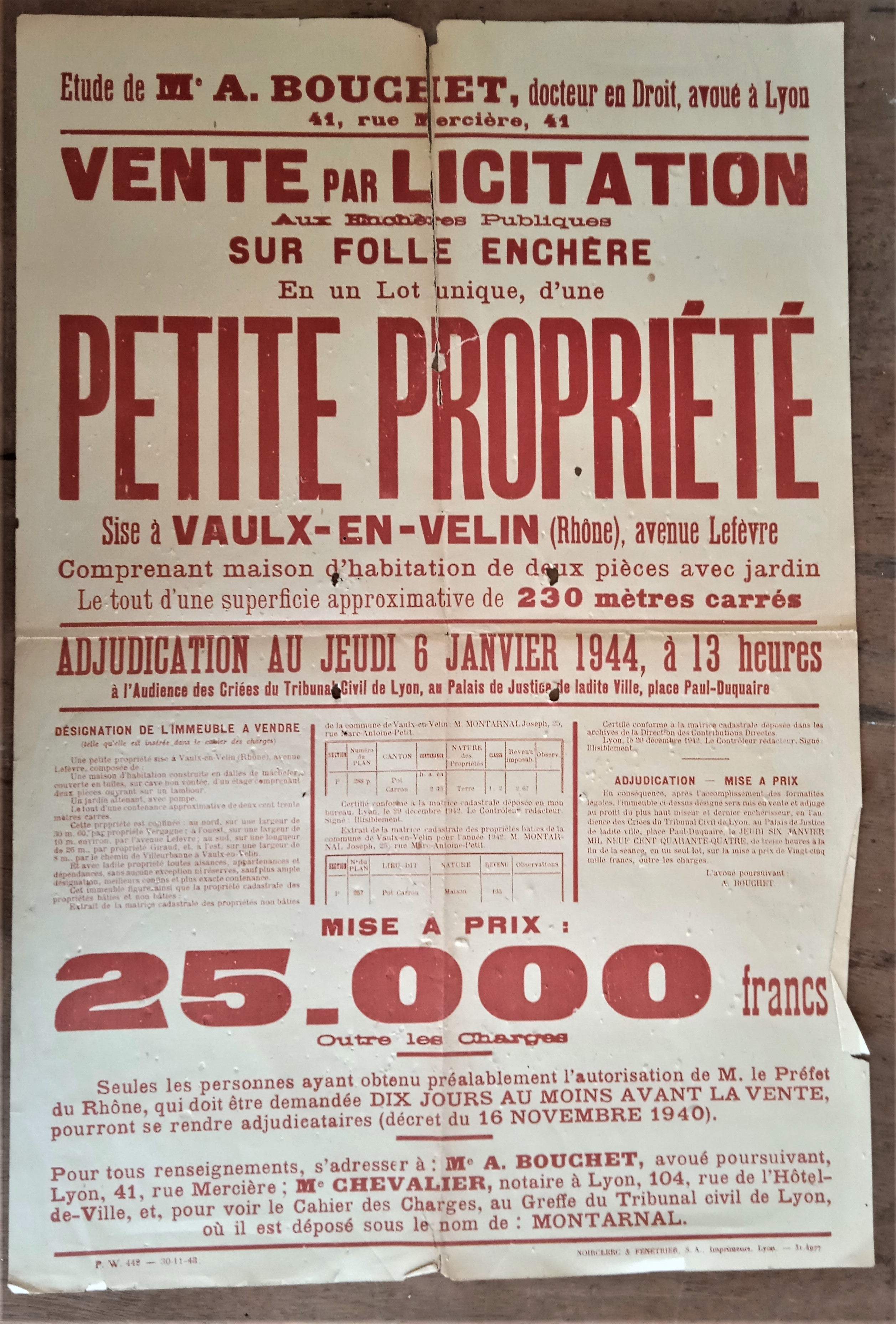 Affiche N° n 24 R  Vente par licitation sur folle enchère occasion  de 1944