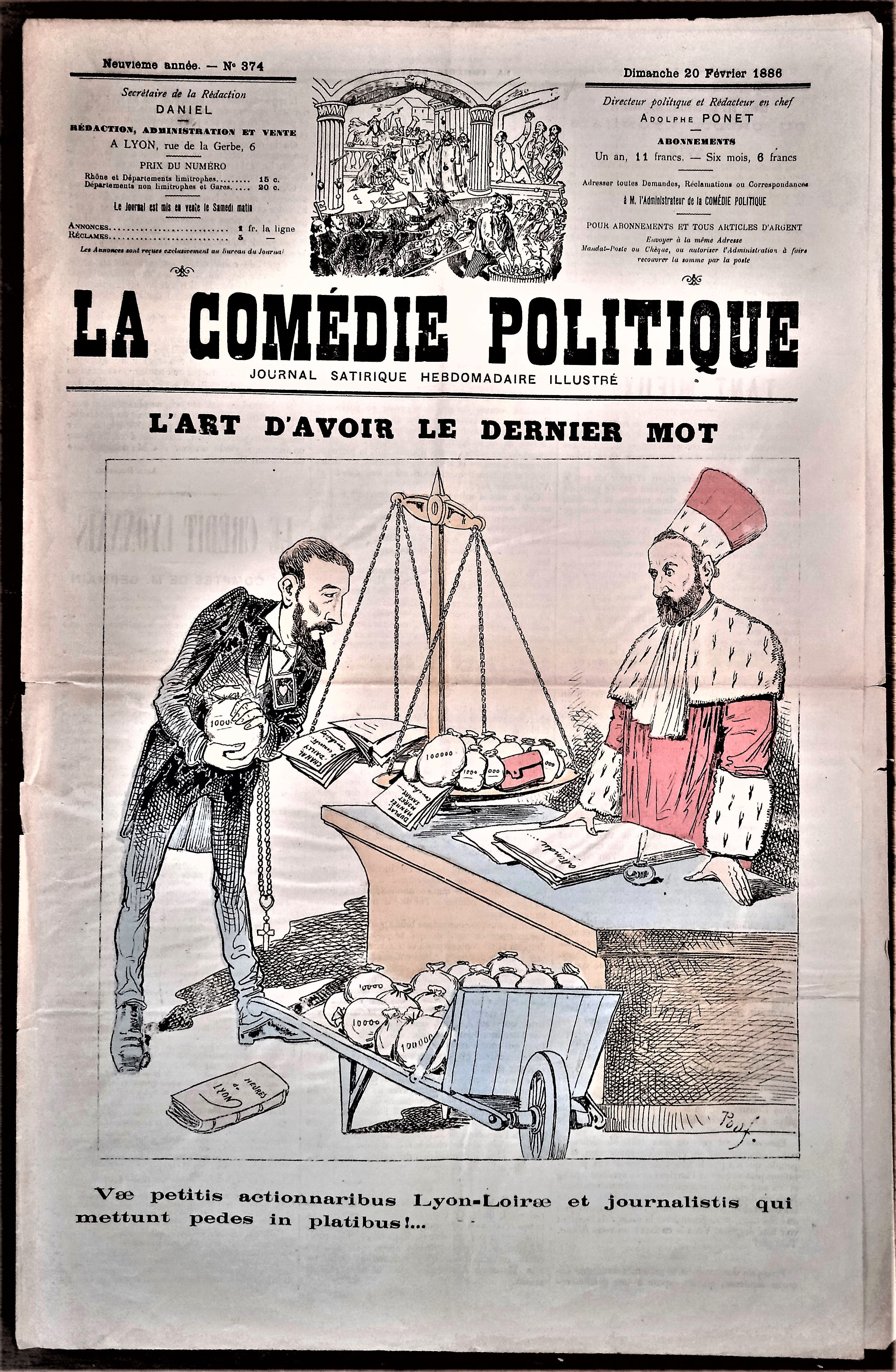 Authentique Journal occasion  satyrique et de caricature "La comédie politique" N°374    Du 20 Février 1886