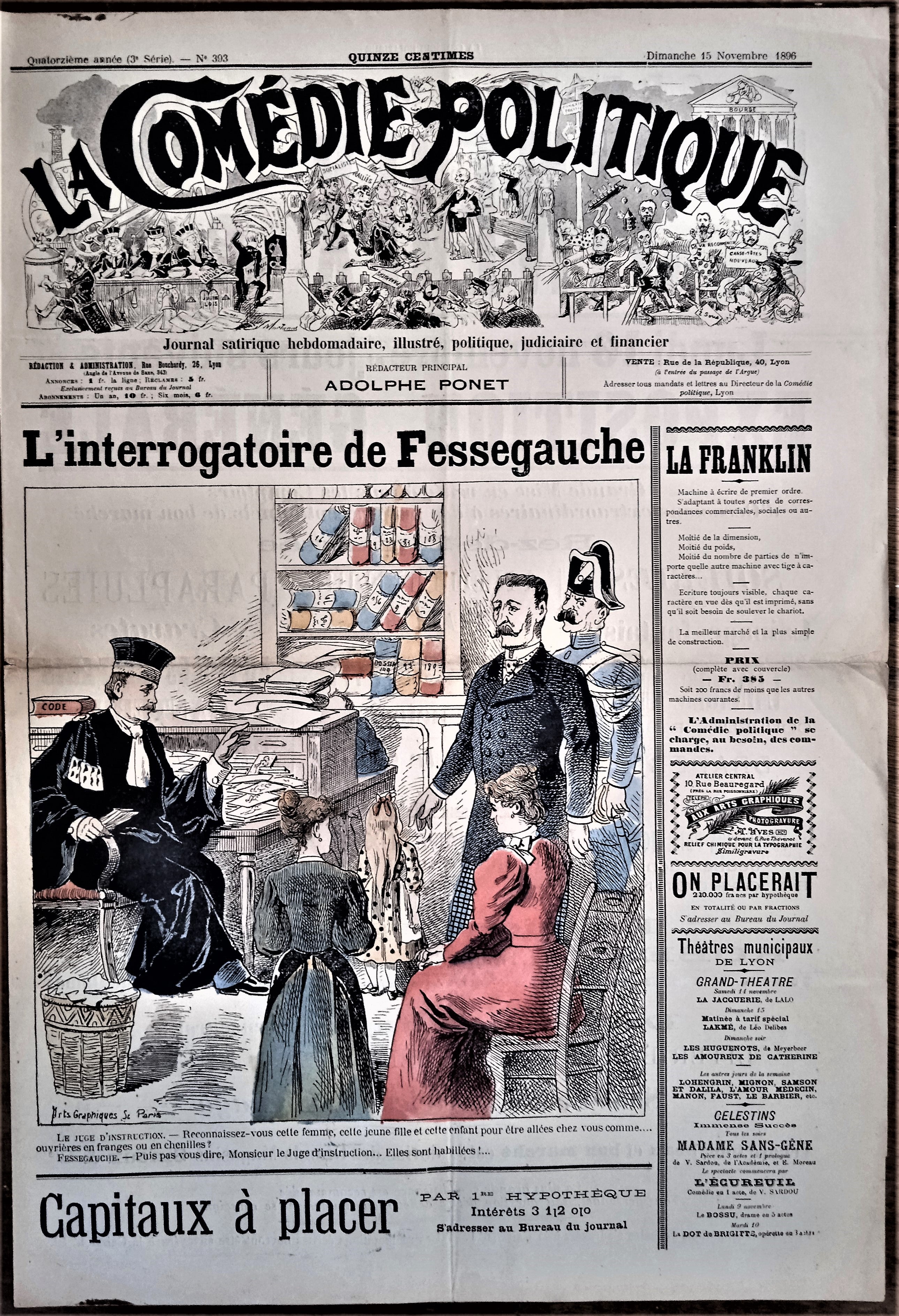 Authentique Journal occasion  satyrique et de caricature "La comédie politique" N° 393   Du 15 Novembre 1896