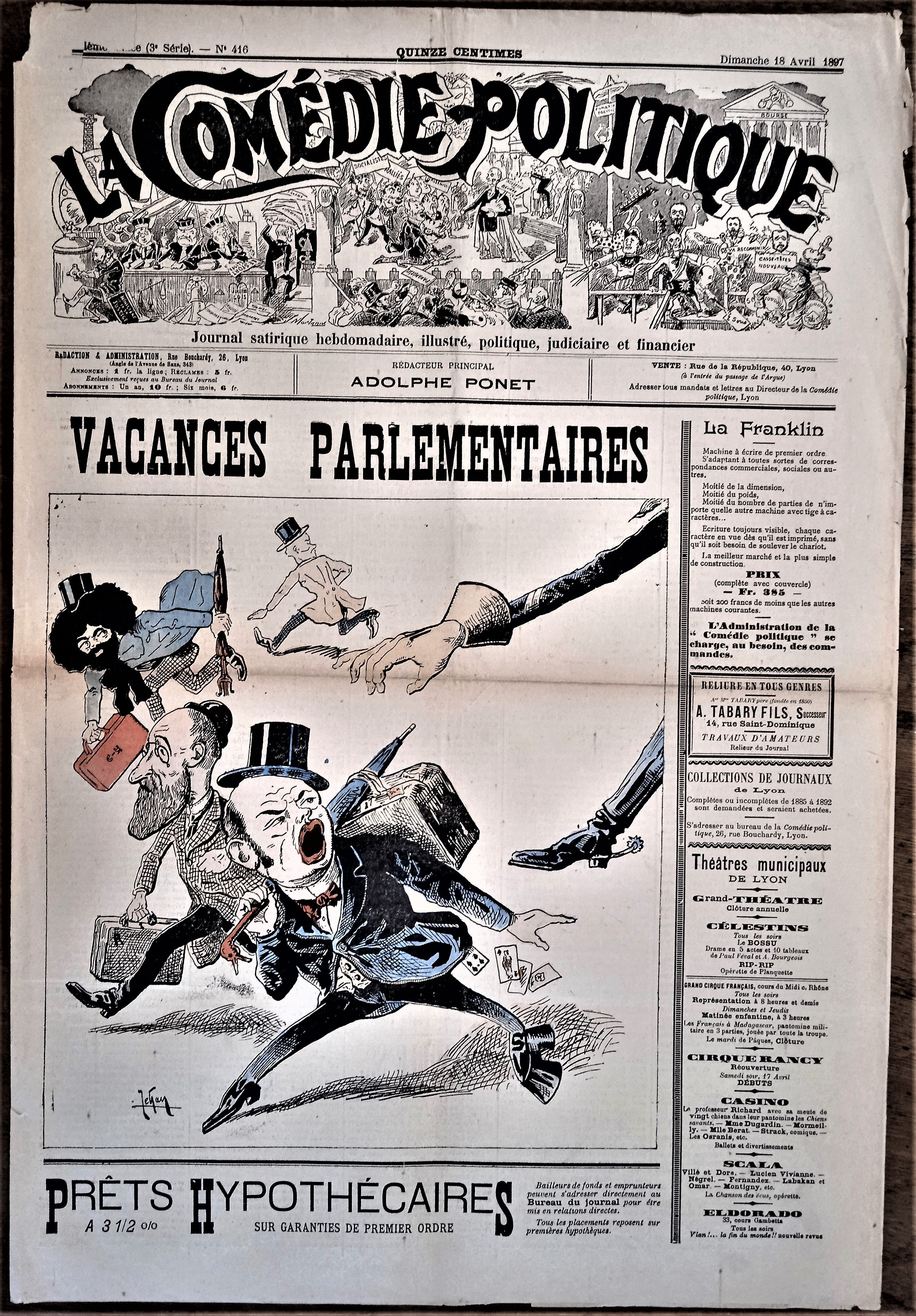 Authentique Journal occasion  satyrique et de caricature "La comédie politique" N°416    Du 18 Avril 1897