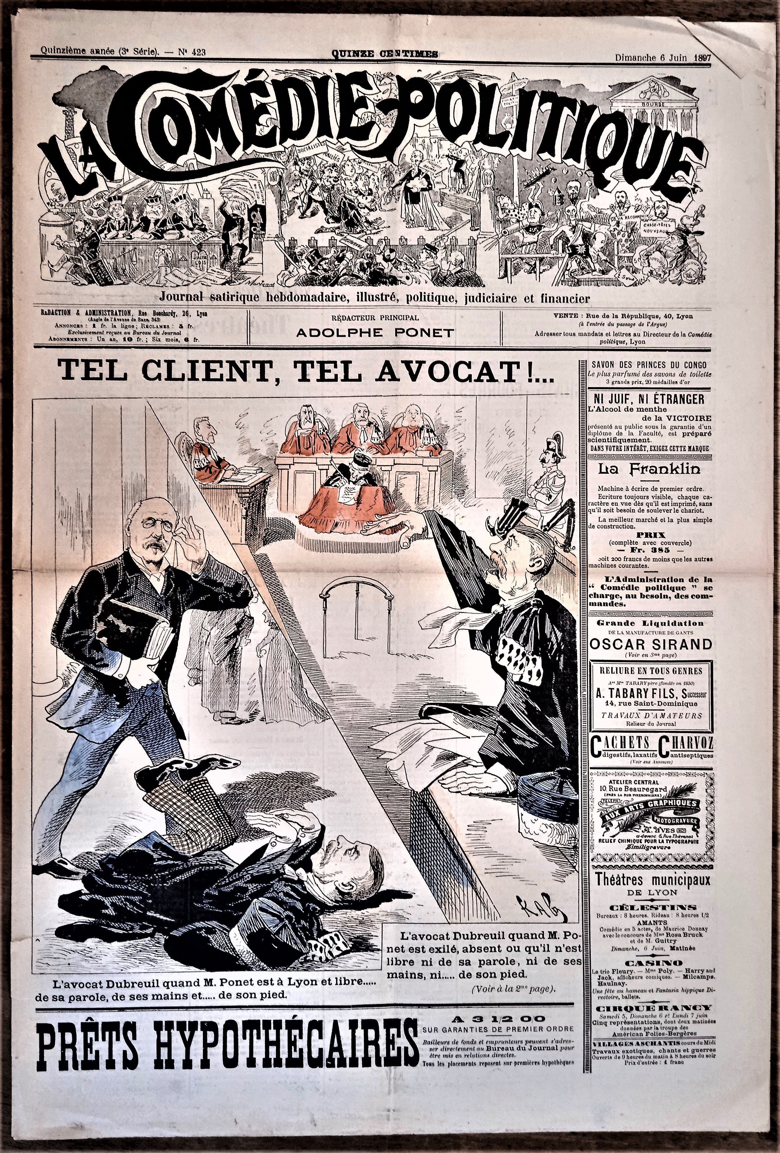 Authentique Journal occasion  satyrique et de caricature "La comédie politique" N°423    Du 06 Juin 1897