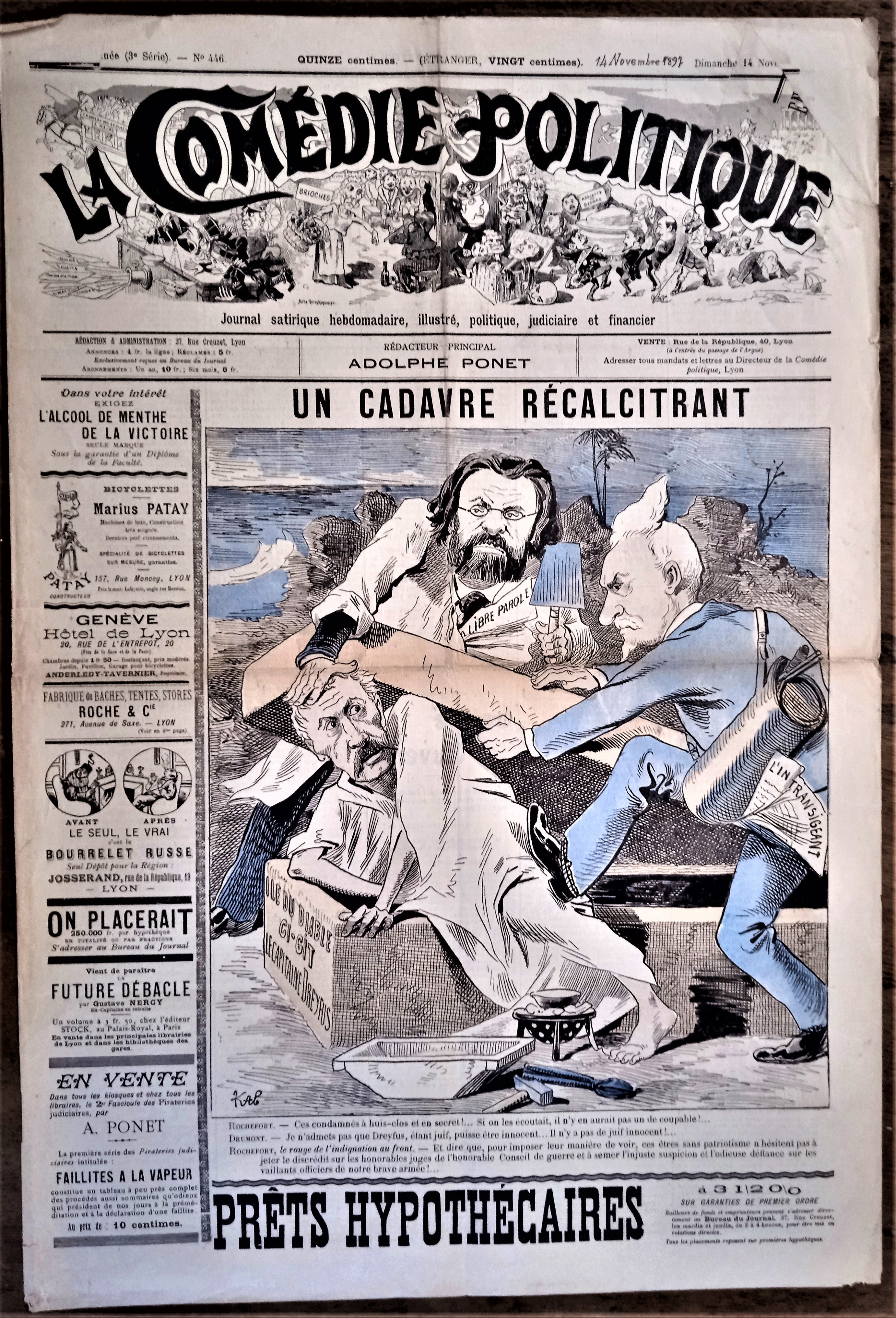 Authentique Journal occasion  satyrique et de caricature "La comédie politique" N°446    Du 14 Novembre 1897     Dessin signé Kalz