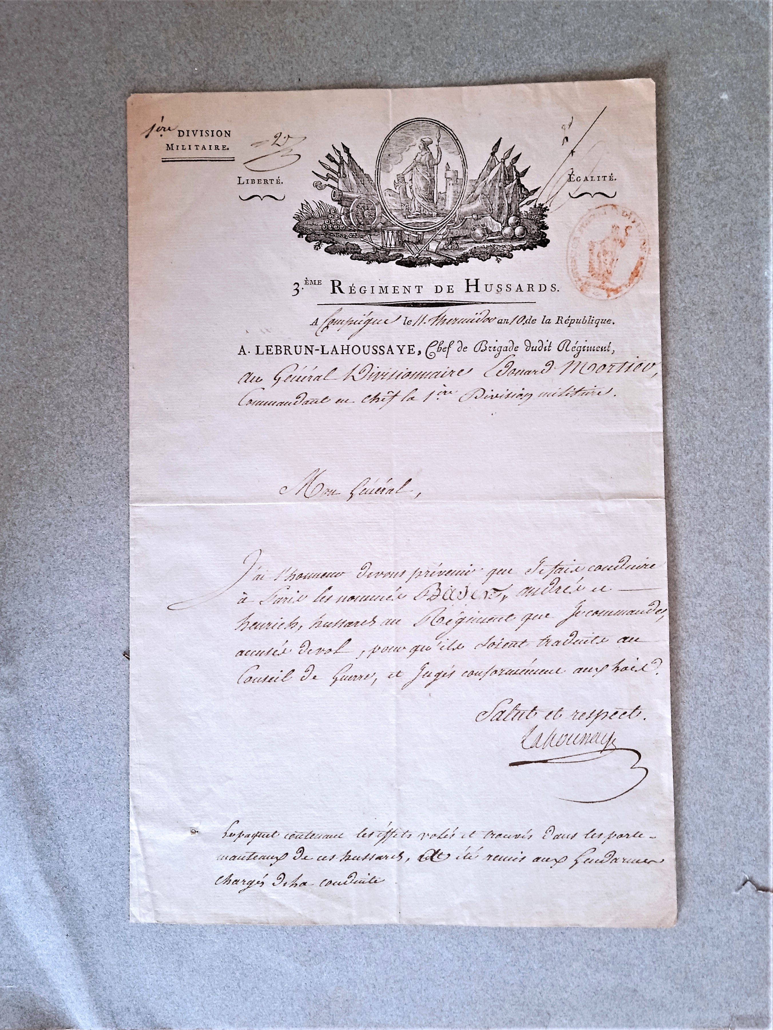 Document N° n6r An 10 De La République troisième régiment de hussards  occasion