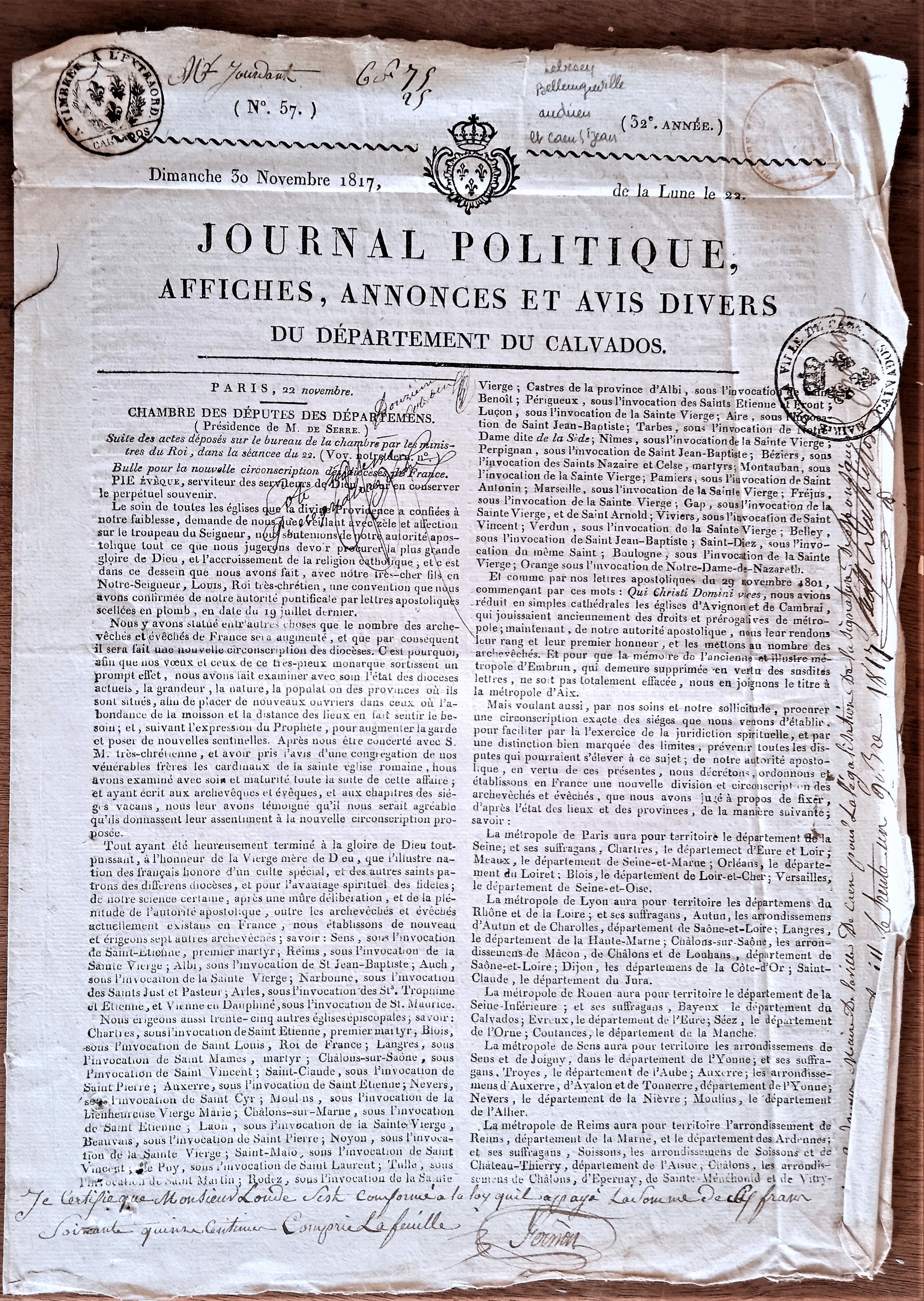 N° n8r Journal politique Calvados 1817 occasion  24 x 33 cm