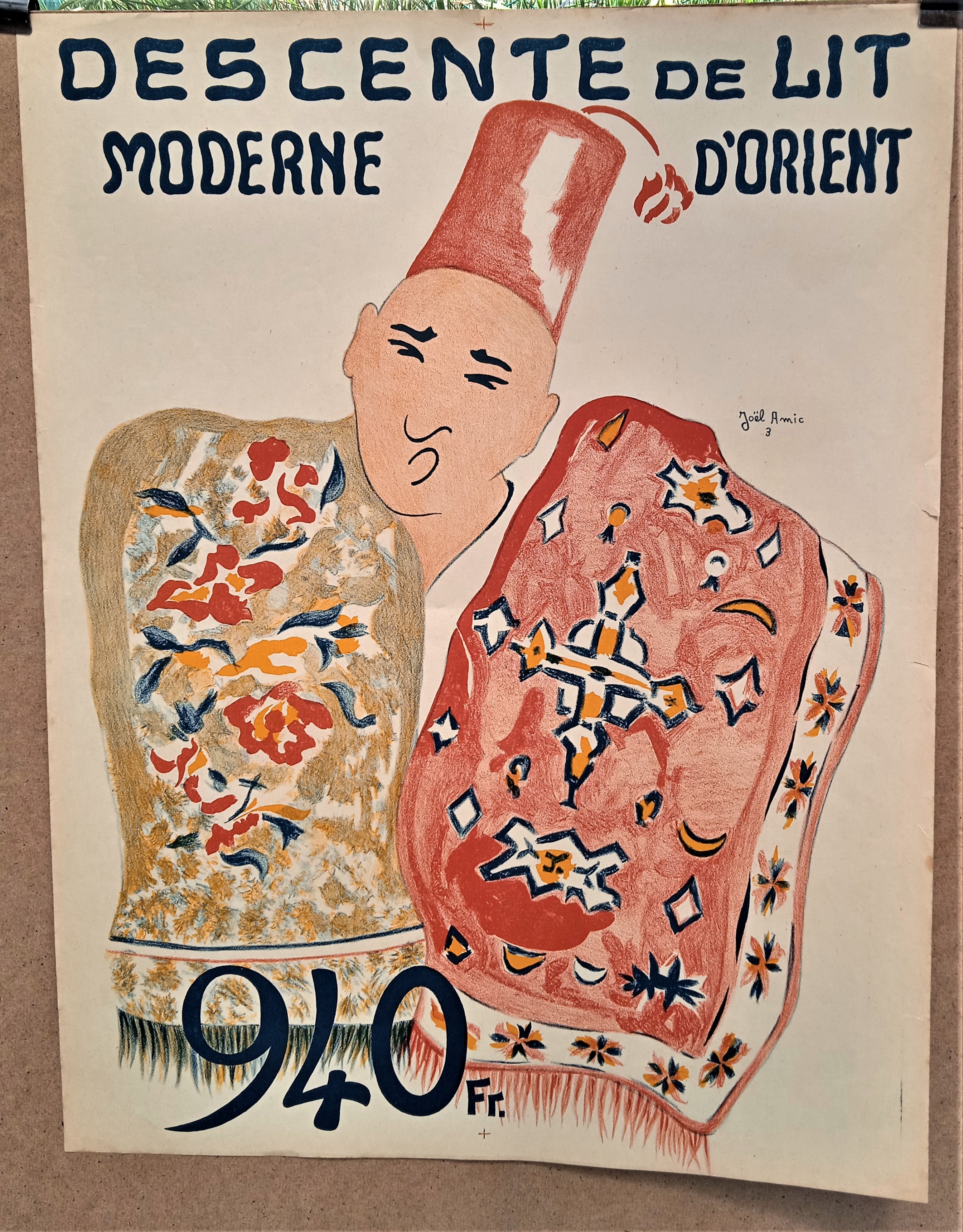 N° Jn14   Authentique affiche pub Dessin signé Joël Amic  Descente de lit moderne    occasion 65 x 50  cm