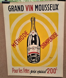 N° Jn4  Authentique affiche pub Dessin signé Joël Amic  Grand Vin Mousseux Val Ycup  occasion 65 x 50 cm