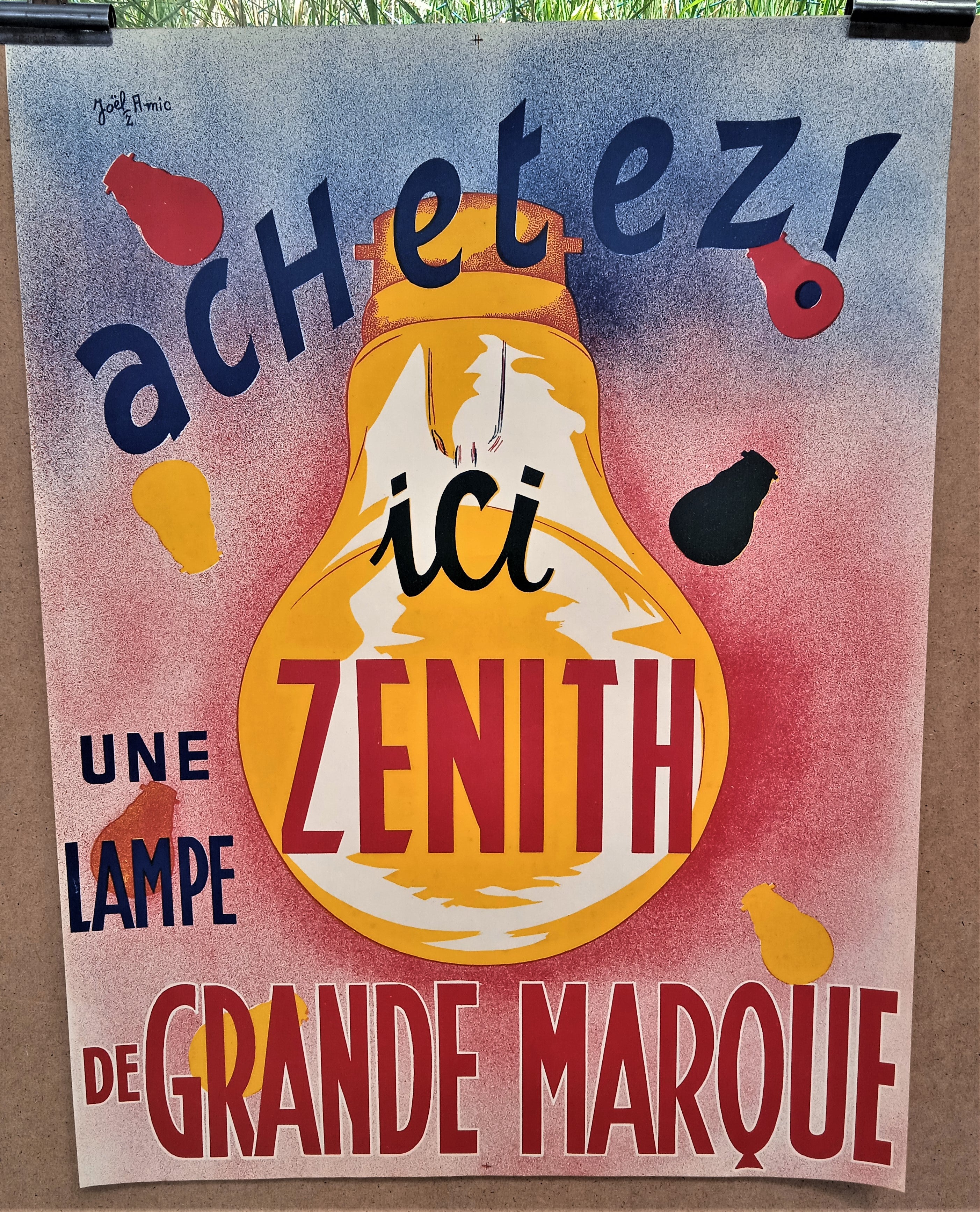 N° Jn5  Authentique affiche pub Dessin signé Joël Amic  Lampes Zenith occasion 64.5 x 48.5  cm