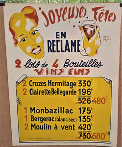 N° Jn8  Authentique affiche pub Dessin signé Joël Amic  Joyeuses Fêtes en réclame  occasion 65 x 50  cm