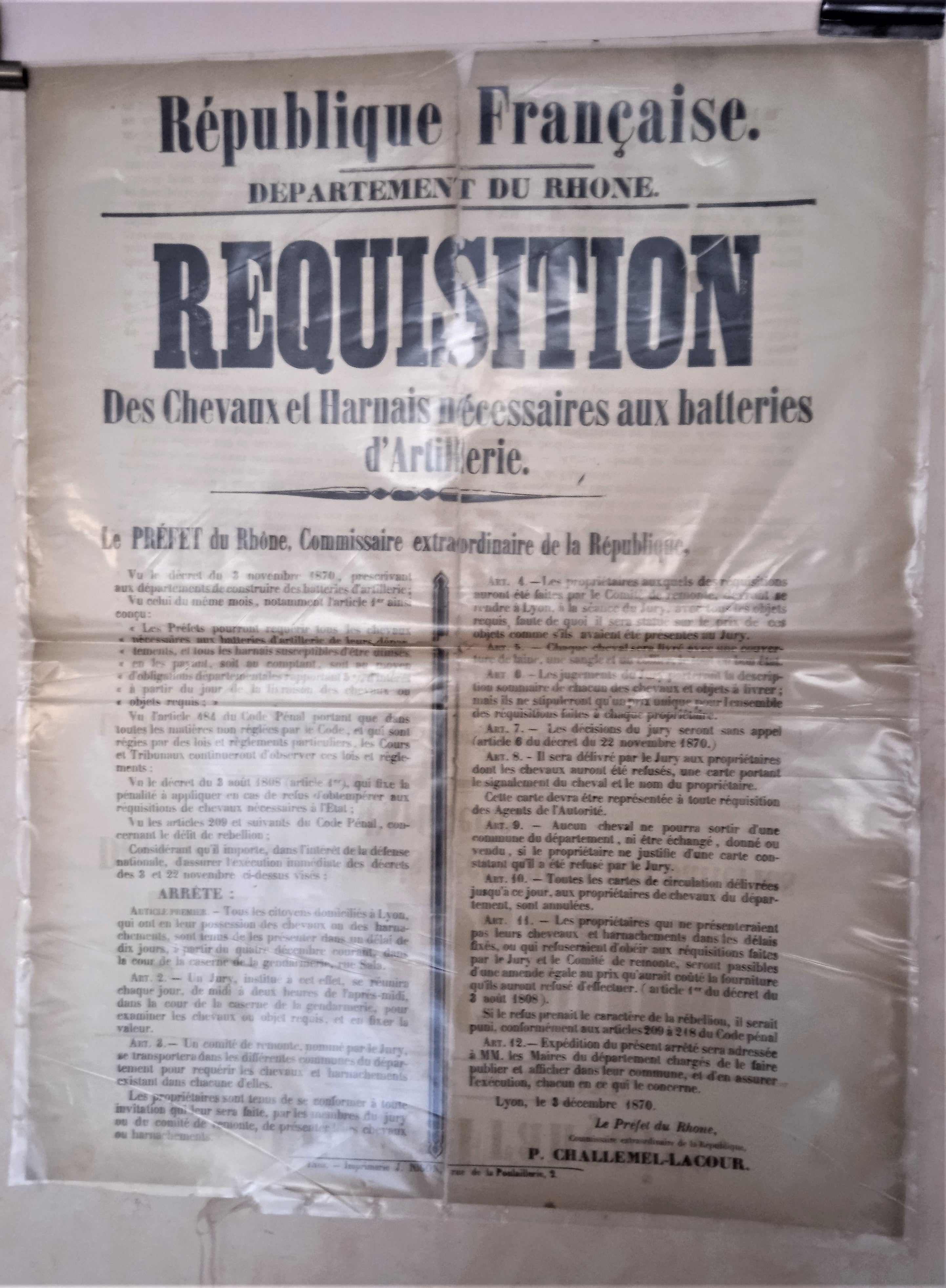 T2 A 172  Réquisition des chevaux et harnais nécessaires aux batteries d' artillerie du 3 Décembre 1870 occasion